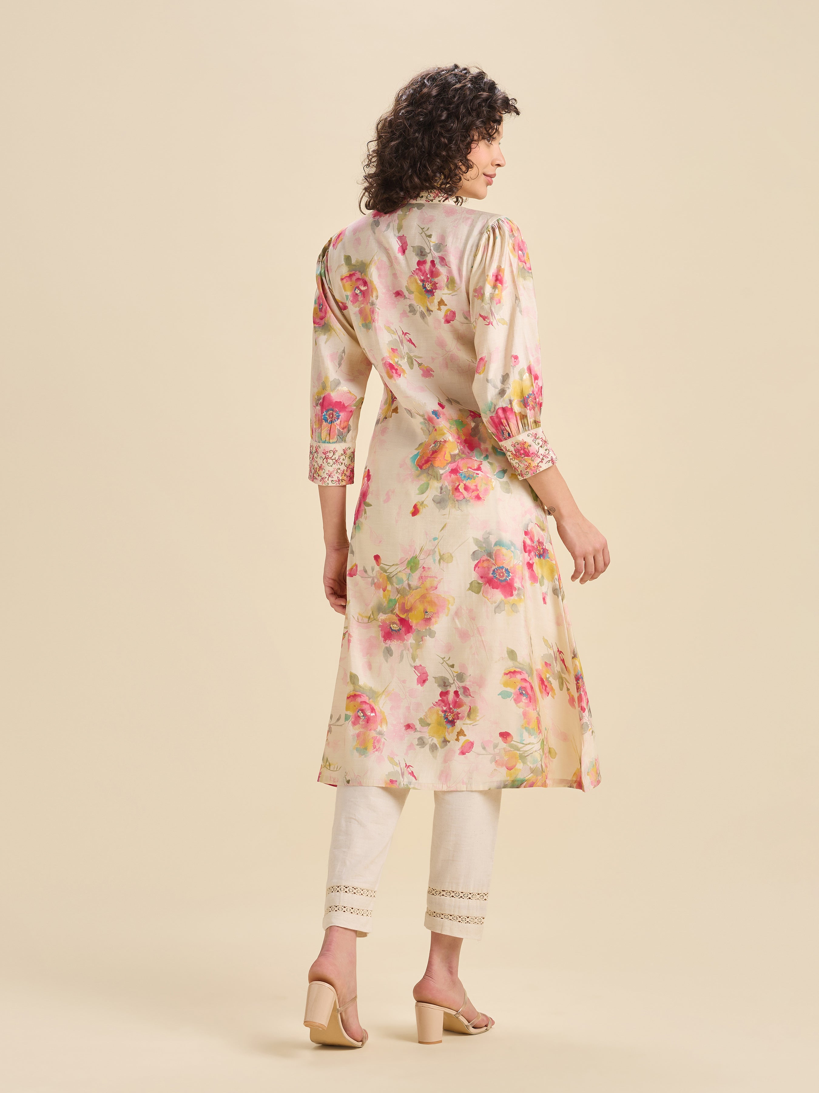 Multi Coloured Modal Chanderi Printed Kurti With Sequins Embroidery