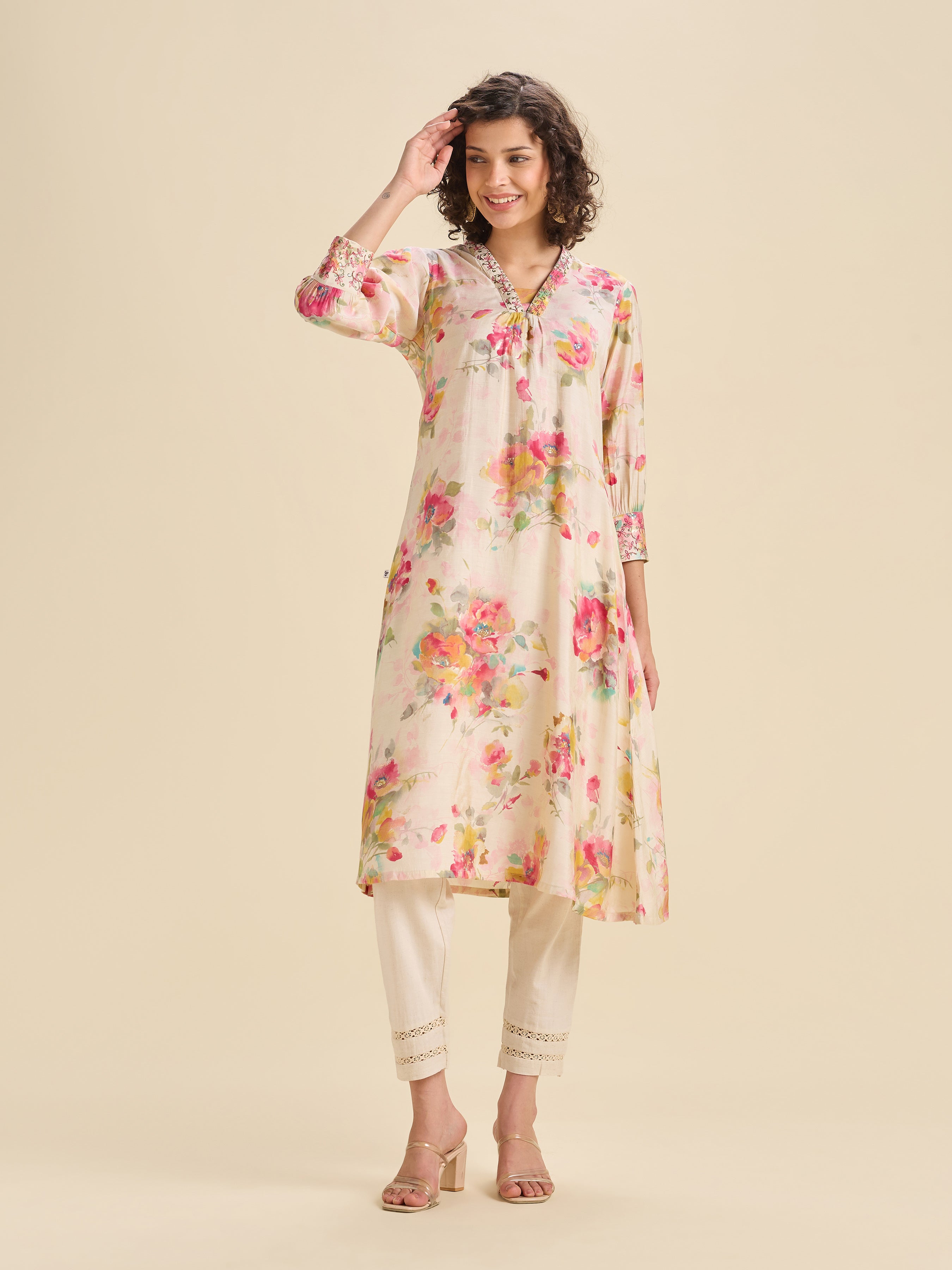 Multi Coloured Modal Chanderi Printed Kurti With Sequins Embroidery