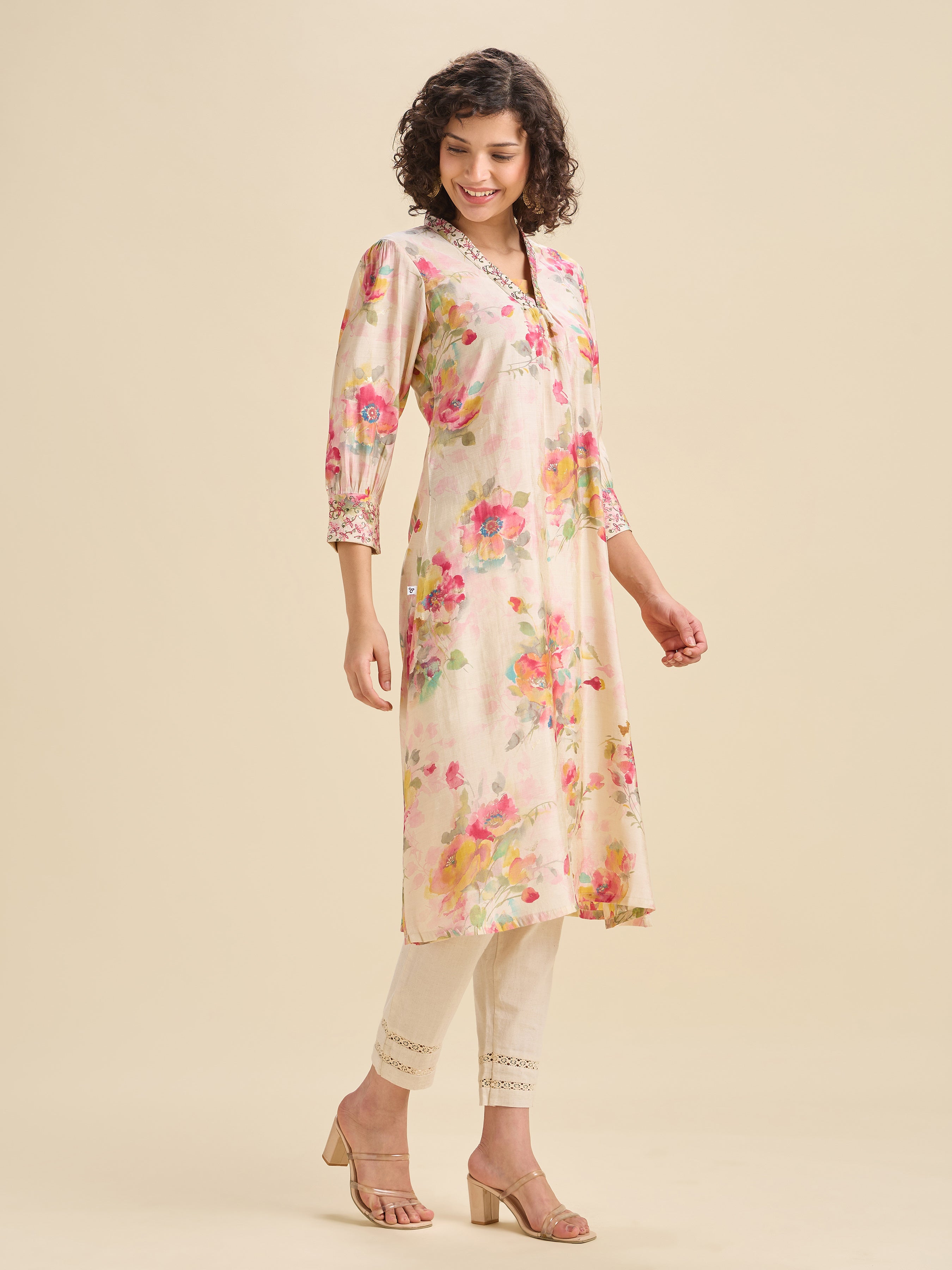 Multi Coloured Modal Chanderi Printed Kurti With Sequins Embroidery