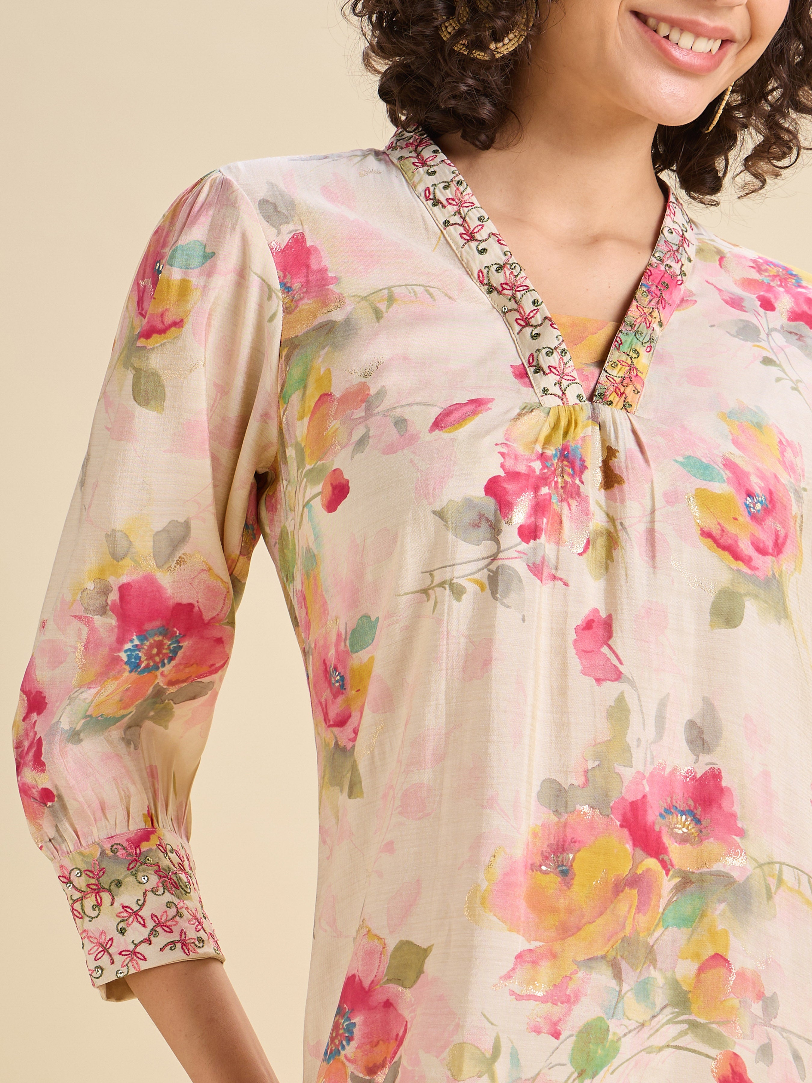 Multi Coloured Modal Chanderi Printed Kurti With Sequins Embroidery