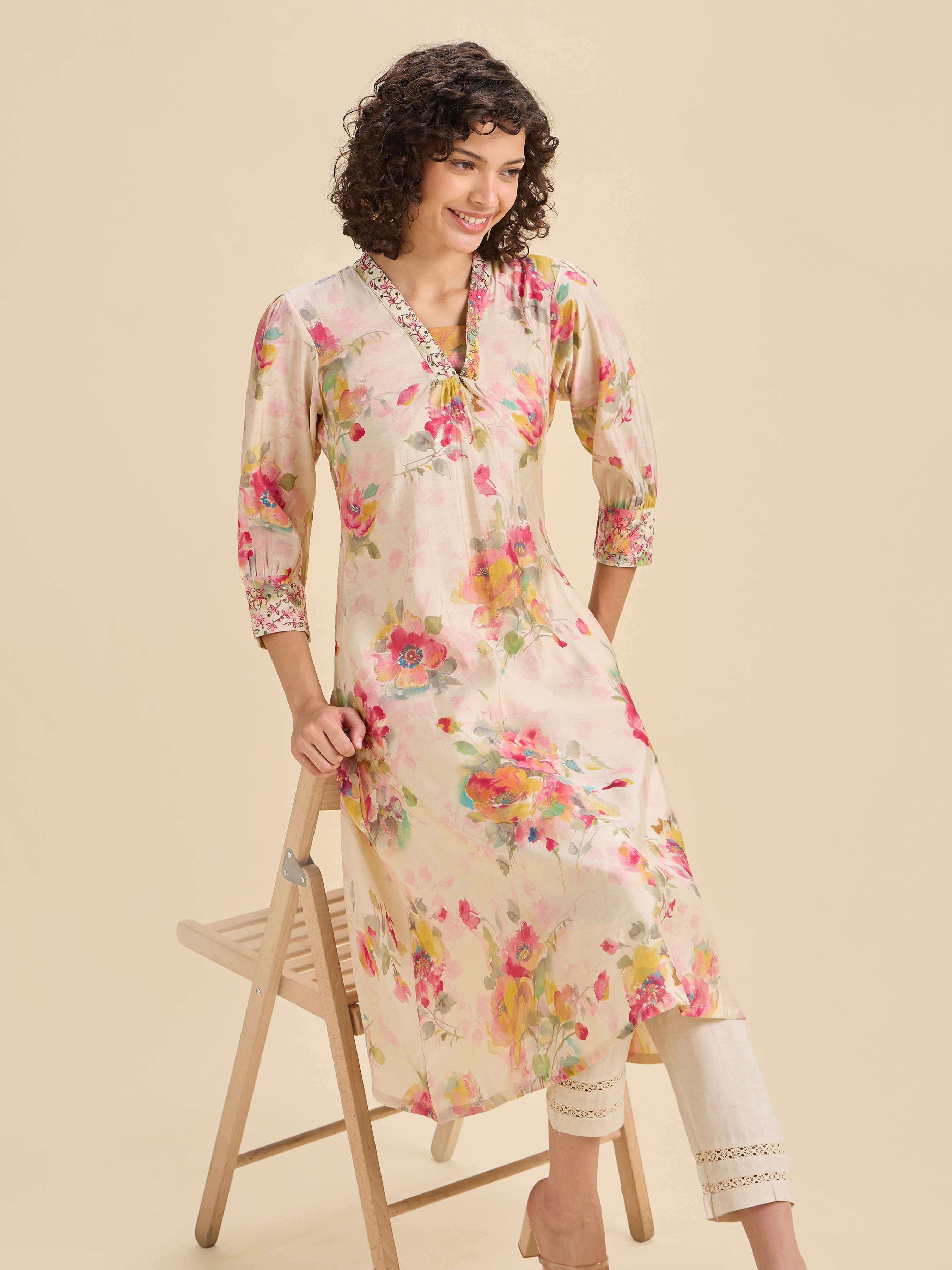 Multi Coloured Modal Chanderi Printed Kurti With Sequins Embroidery