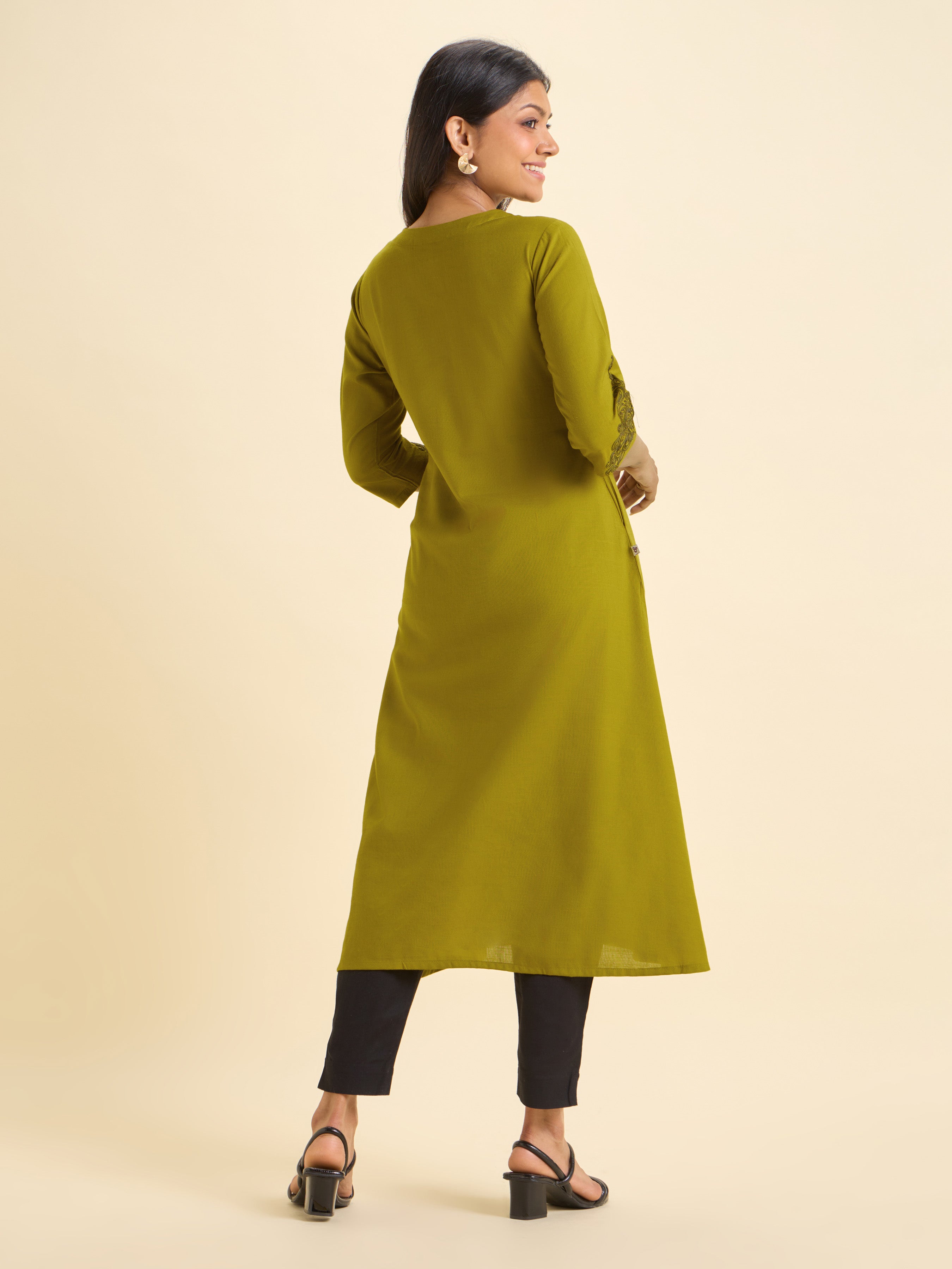 Olive Yellow Cotton Viscose Plain Slub Flared Kurti With Sequins Embroidery