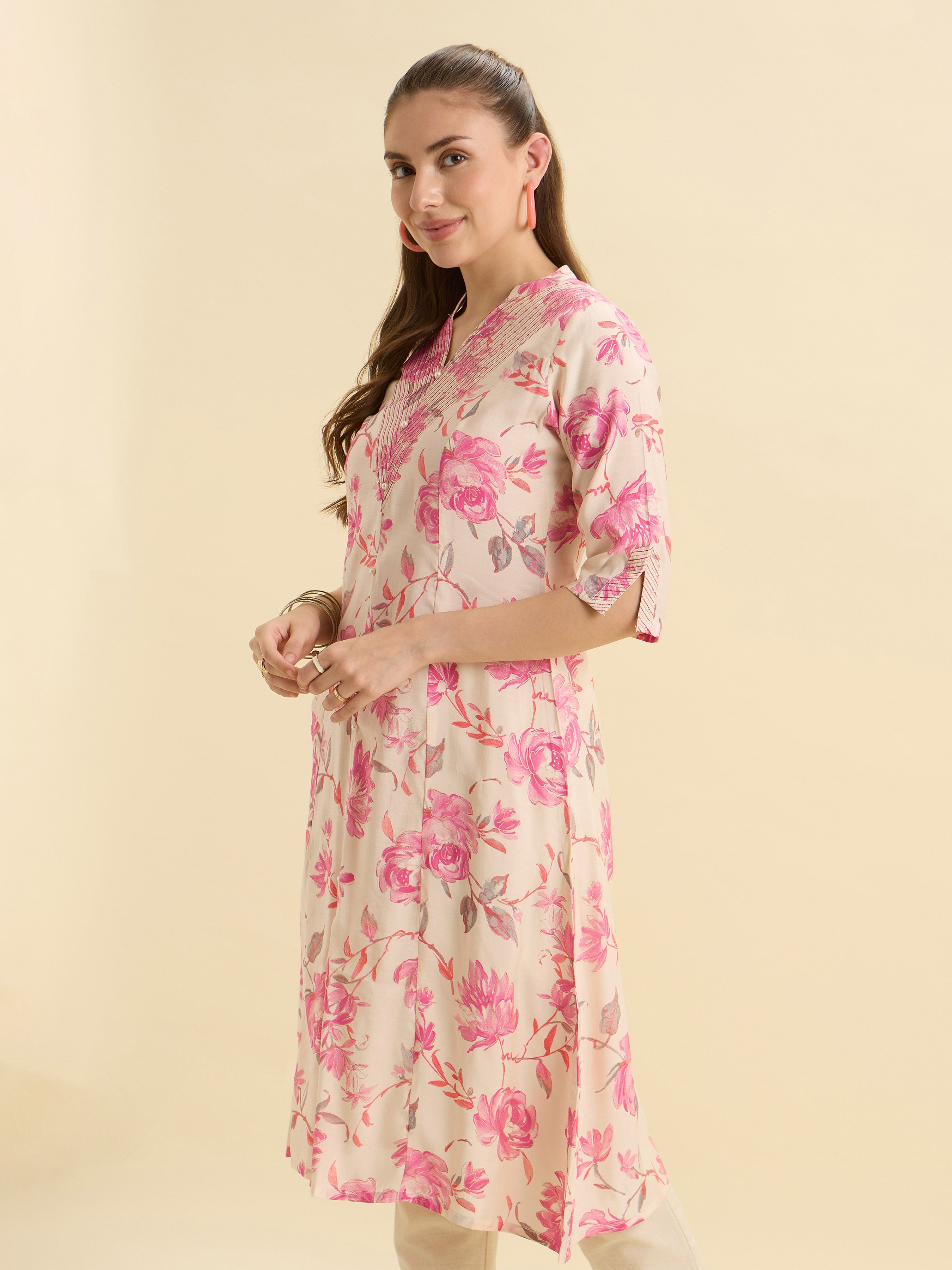 Ivory Pink Modal Chanderi Printed Flared Kurti With Sequence Embroidery