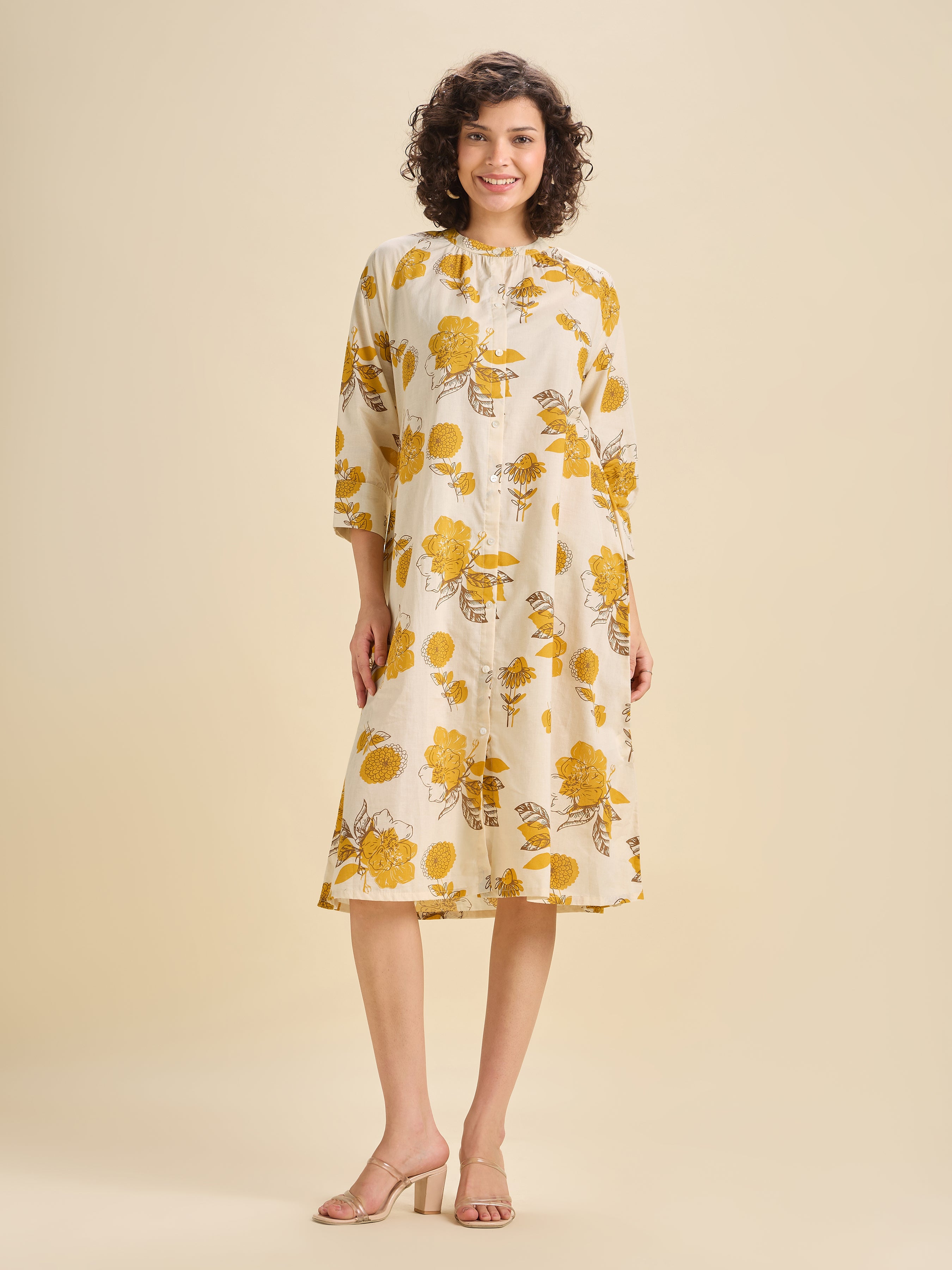 Ivory And Mustard Cotton Printed Kurti With Raglan Sleeve