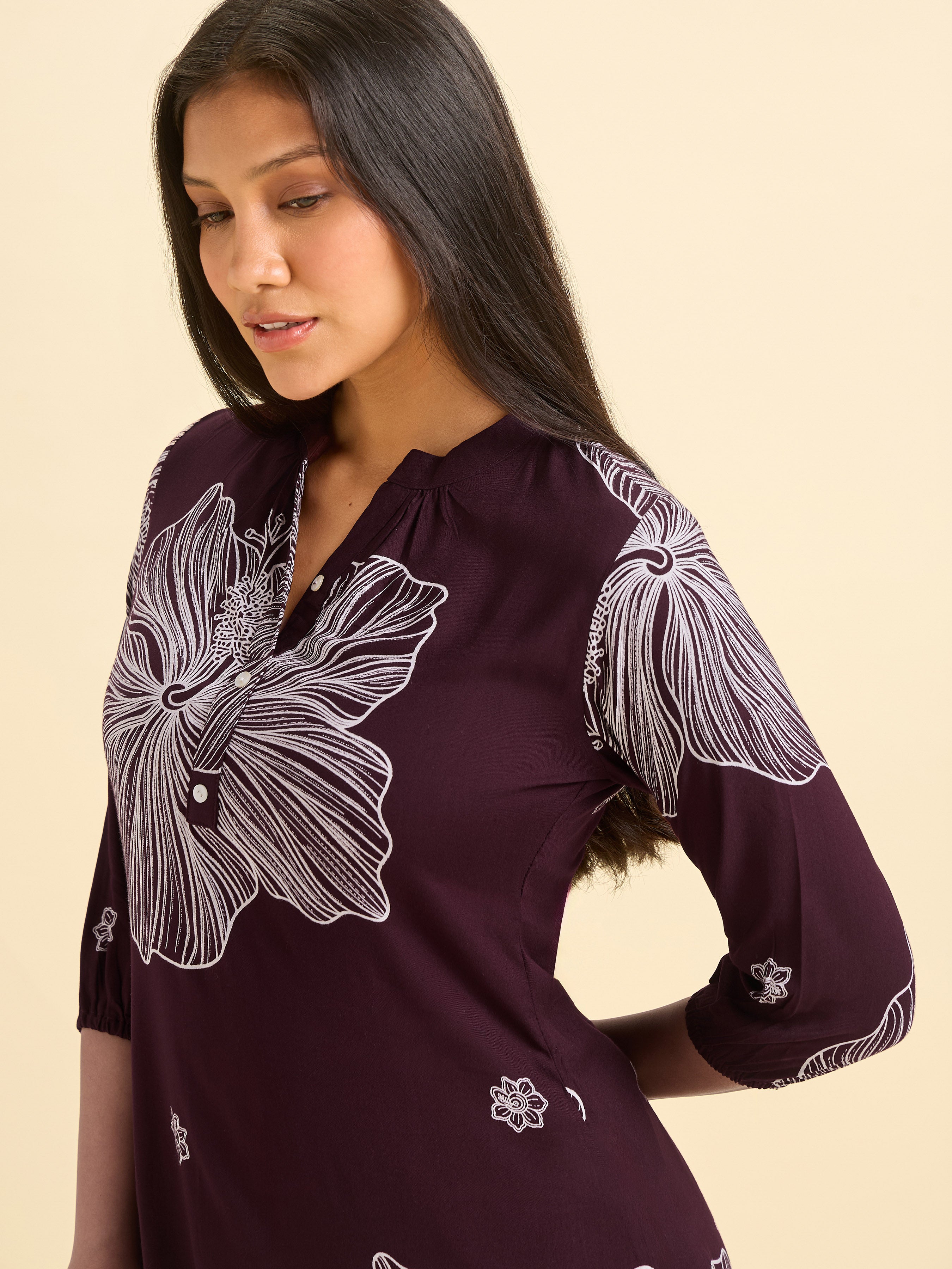 Wine Red And White Viscose Printed Flared Kurti