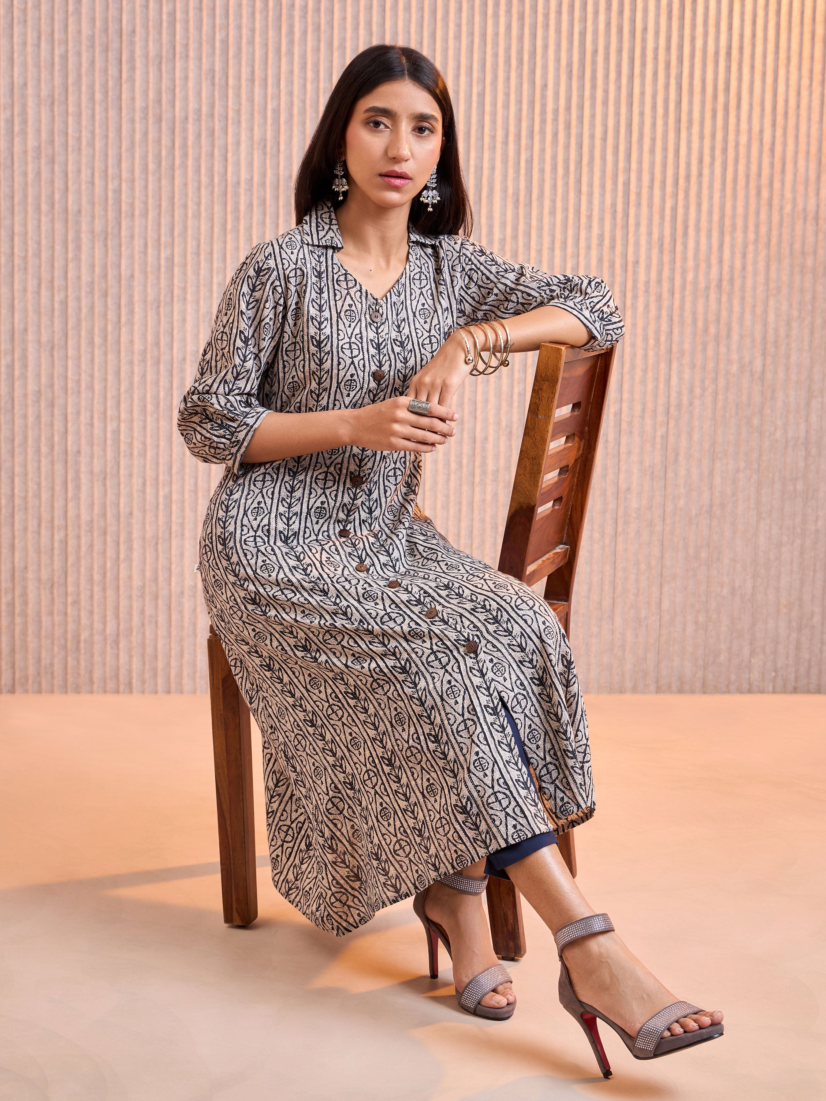 Light Grey Cotton Printed Flared Kurti