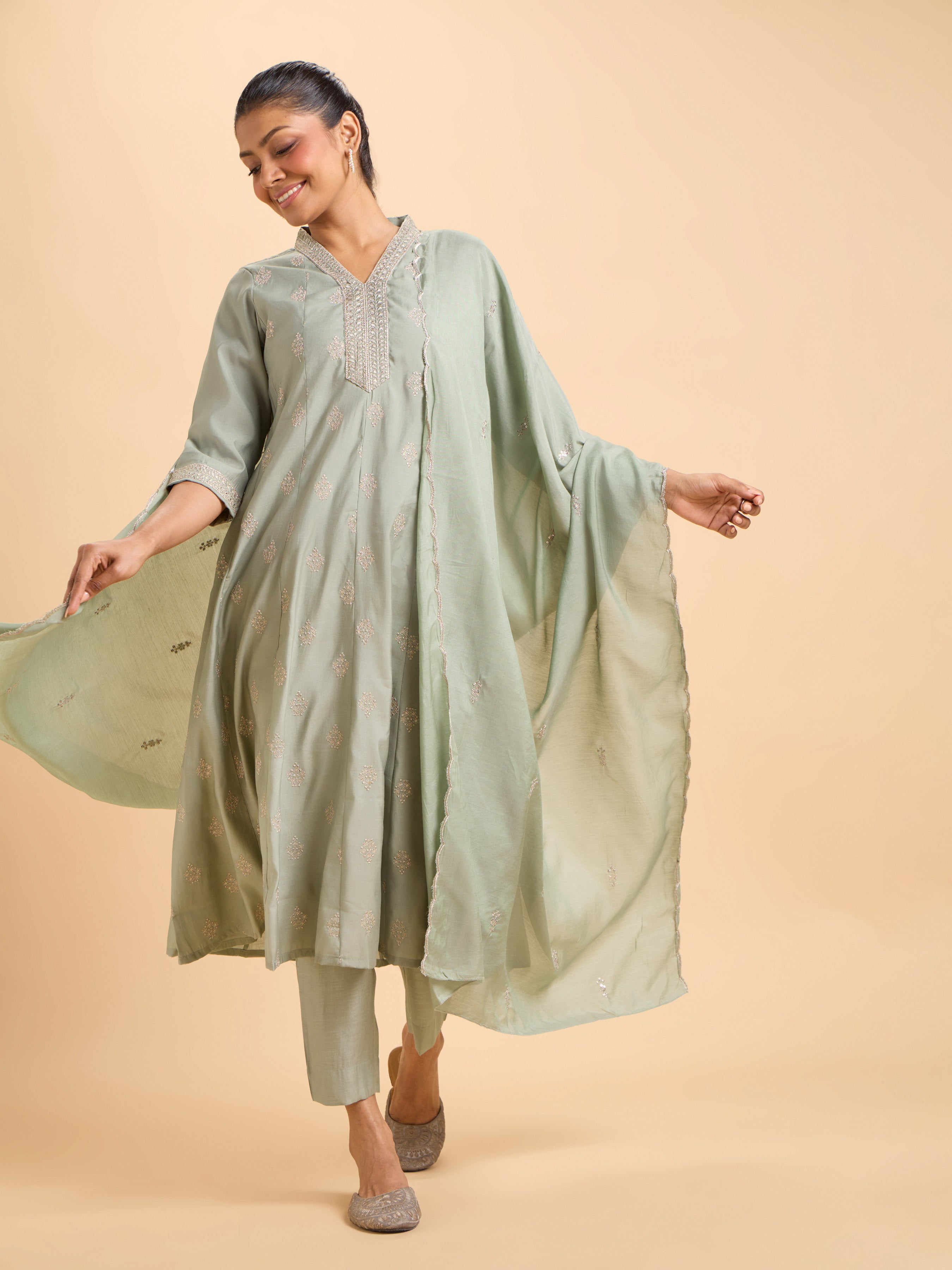 Sage Green Chanderi Flared Kali Cut Kurti Set With Dupatta And Embroidery
