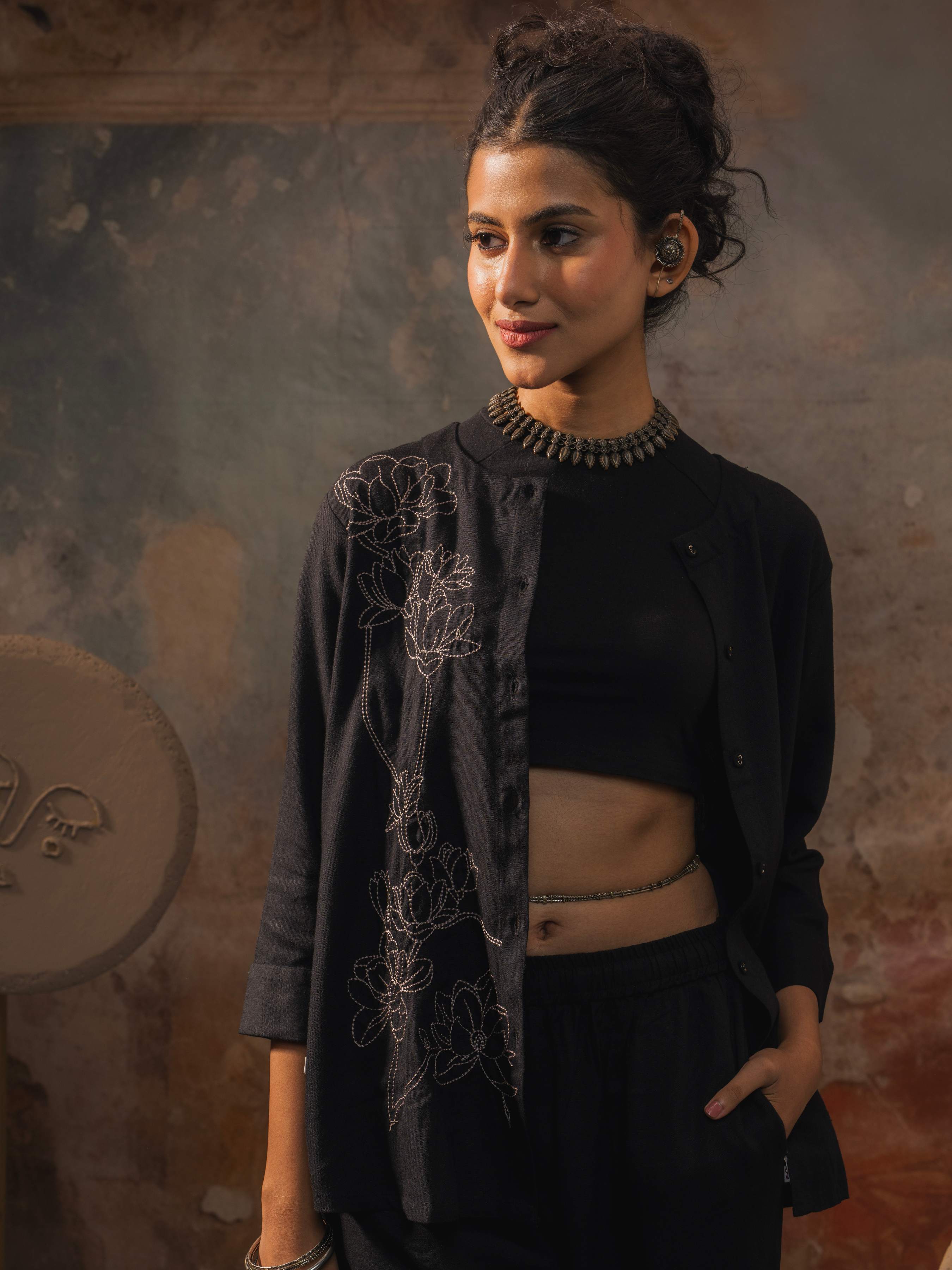 Black Viscose Linen Plain Tunic Set With Embroidery