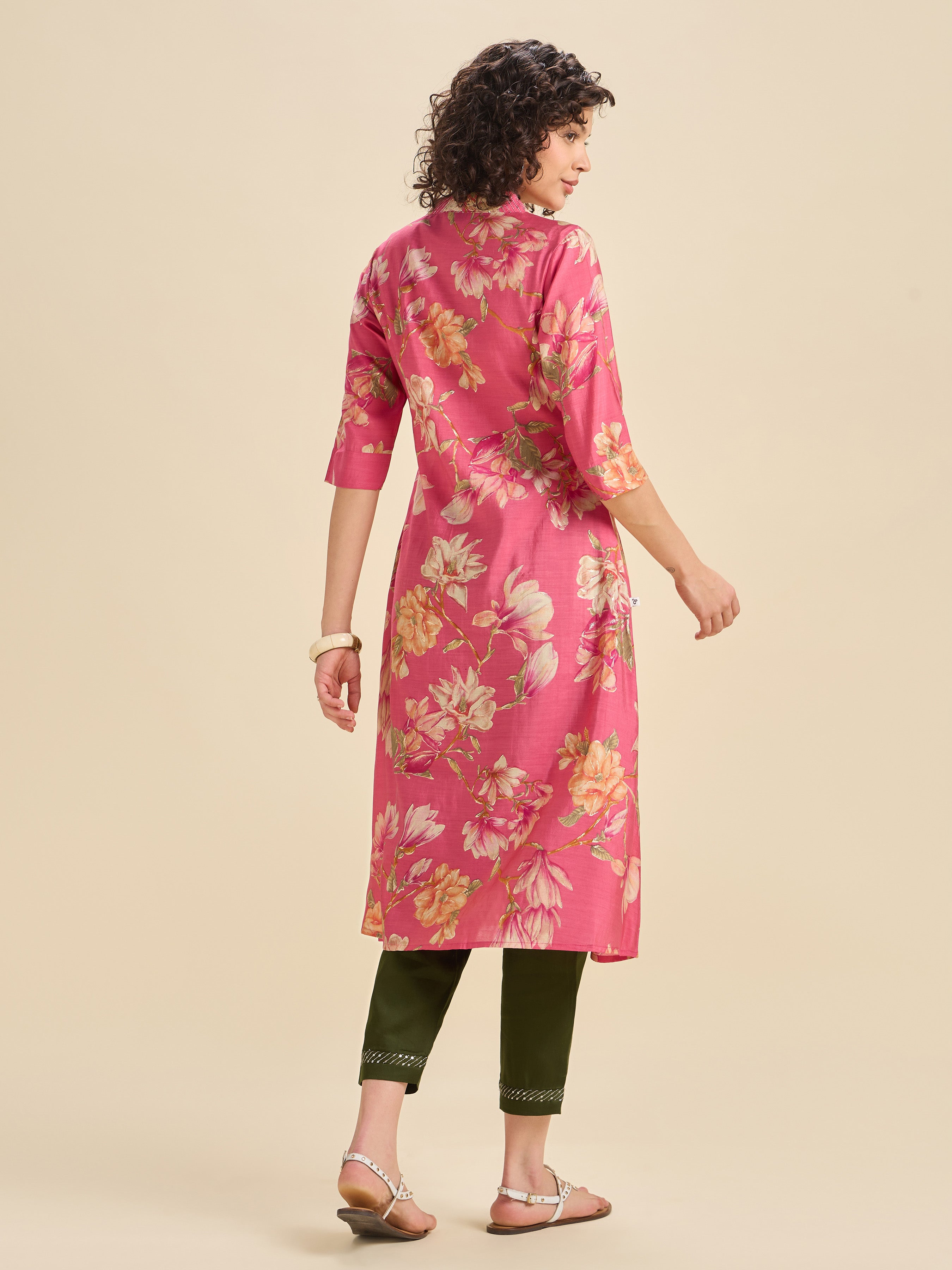 Pink Modal Chanderi Flared Printed Kurti Set With Embroidery