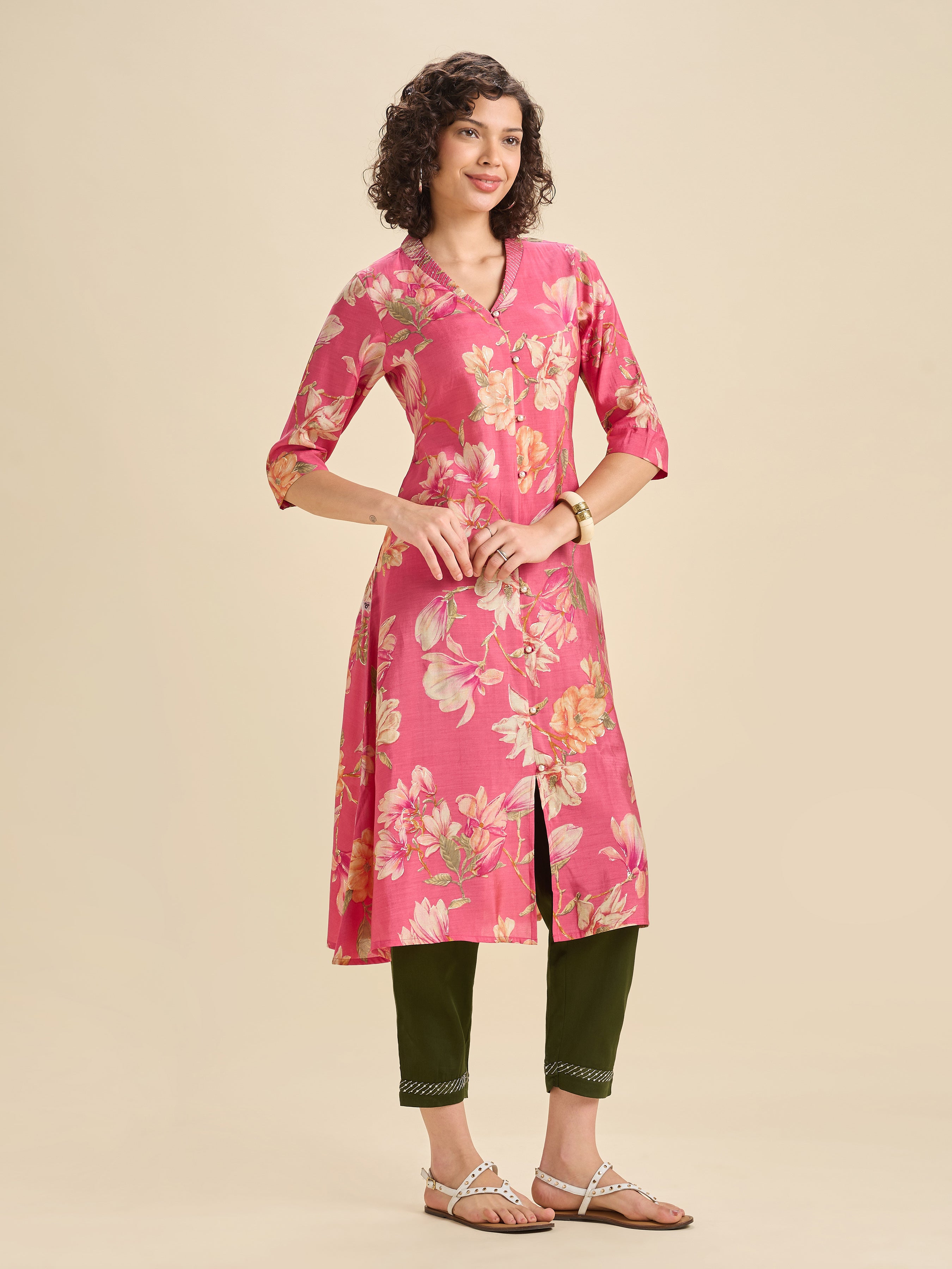Pink Modal Chanderi Flared Printed Kurti Set With Embroidery