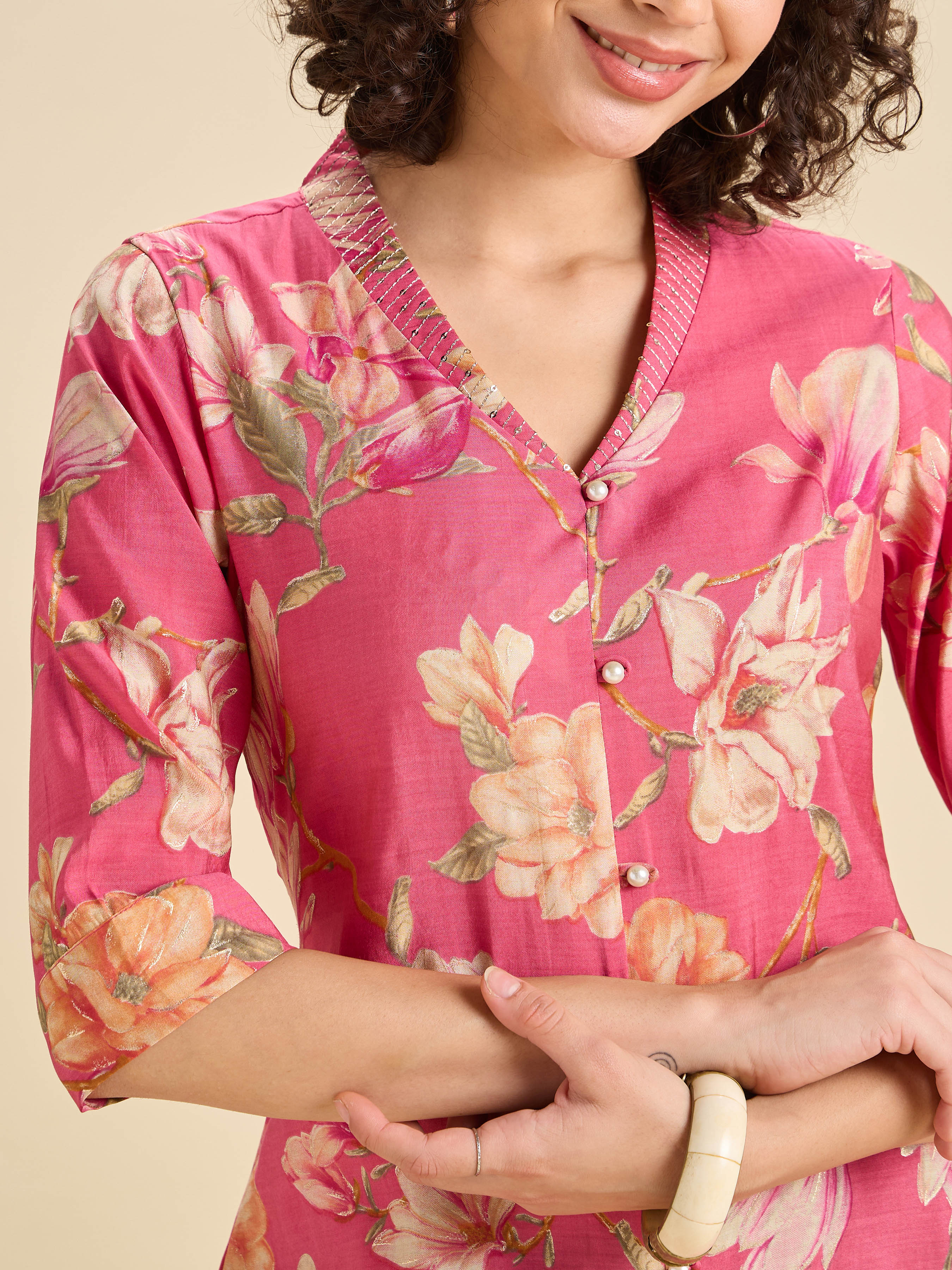 Pink Modal Chanderi Flared Printed Kurti Set With Embroidery