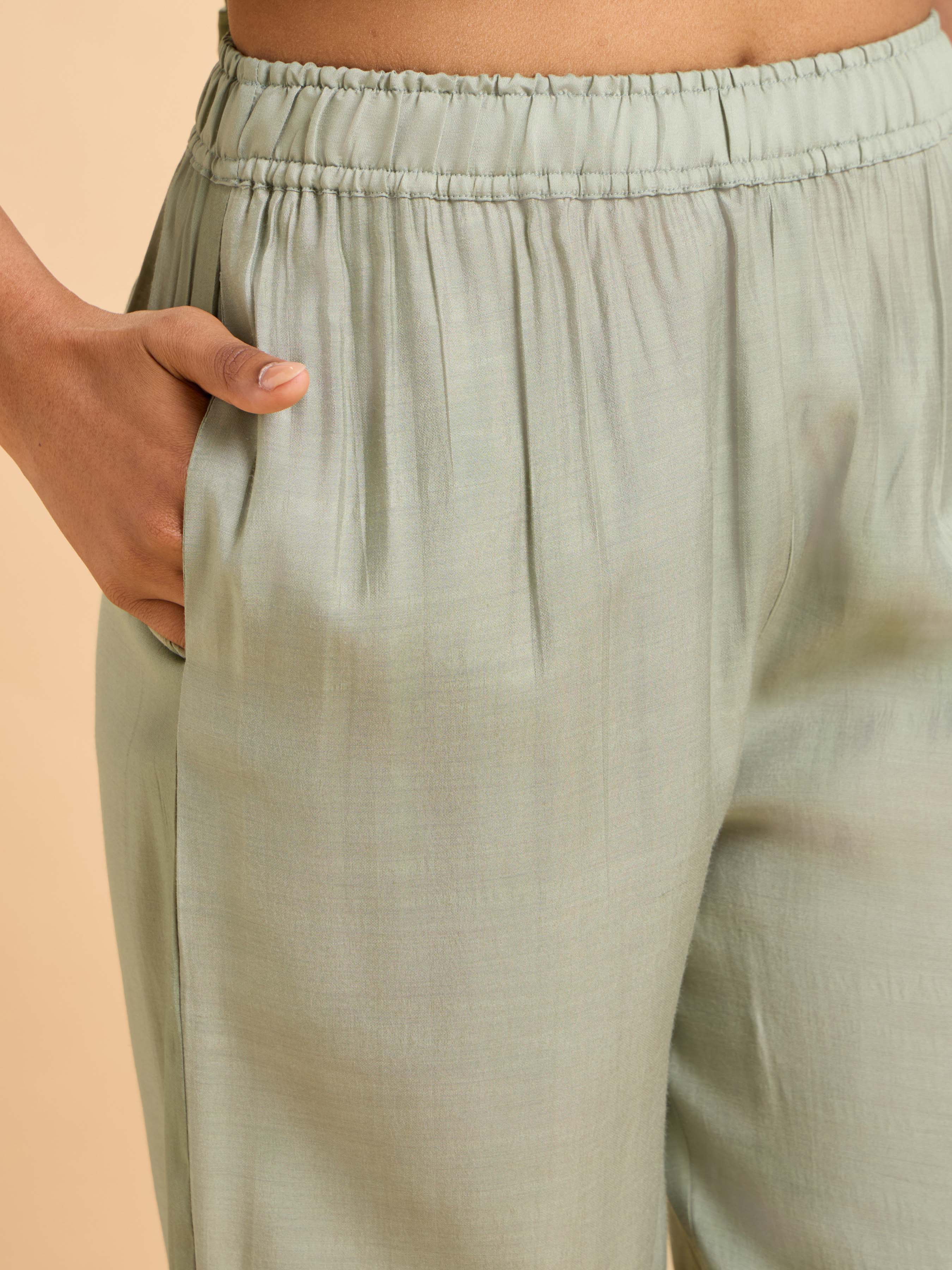 Sage Green Chanderi Flared Kali Cut Kurti Set With Dupatta And Embroidery