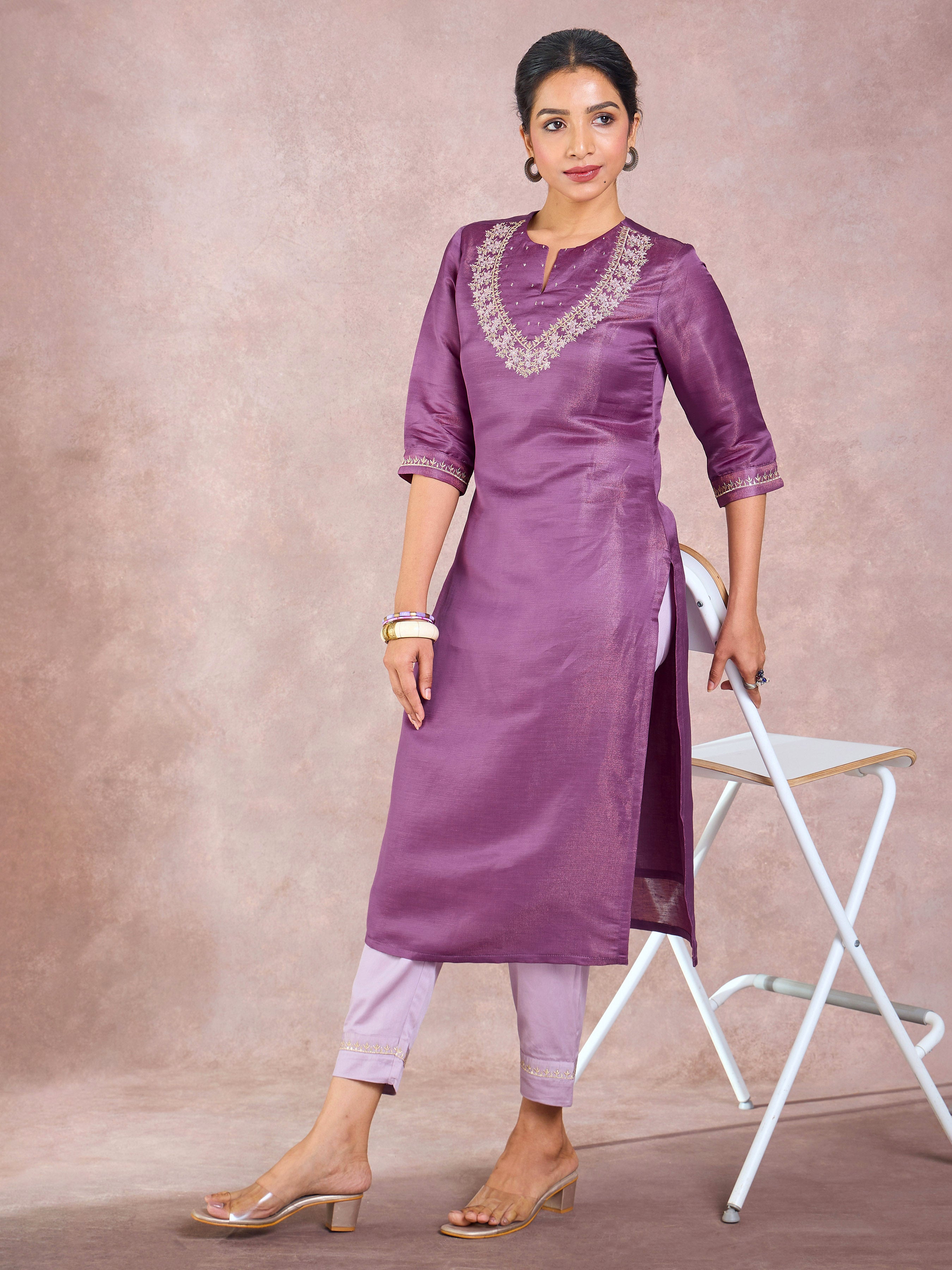 Purple Satin Shimmer Kurti & Bottom Set With Hand Work