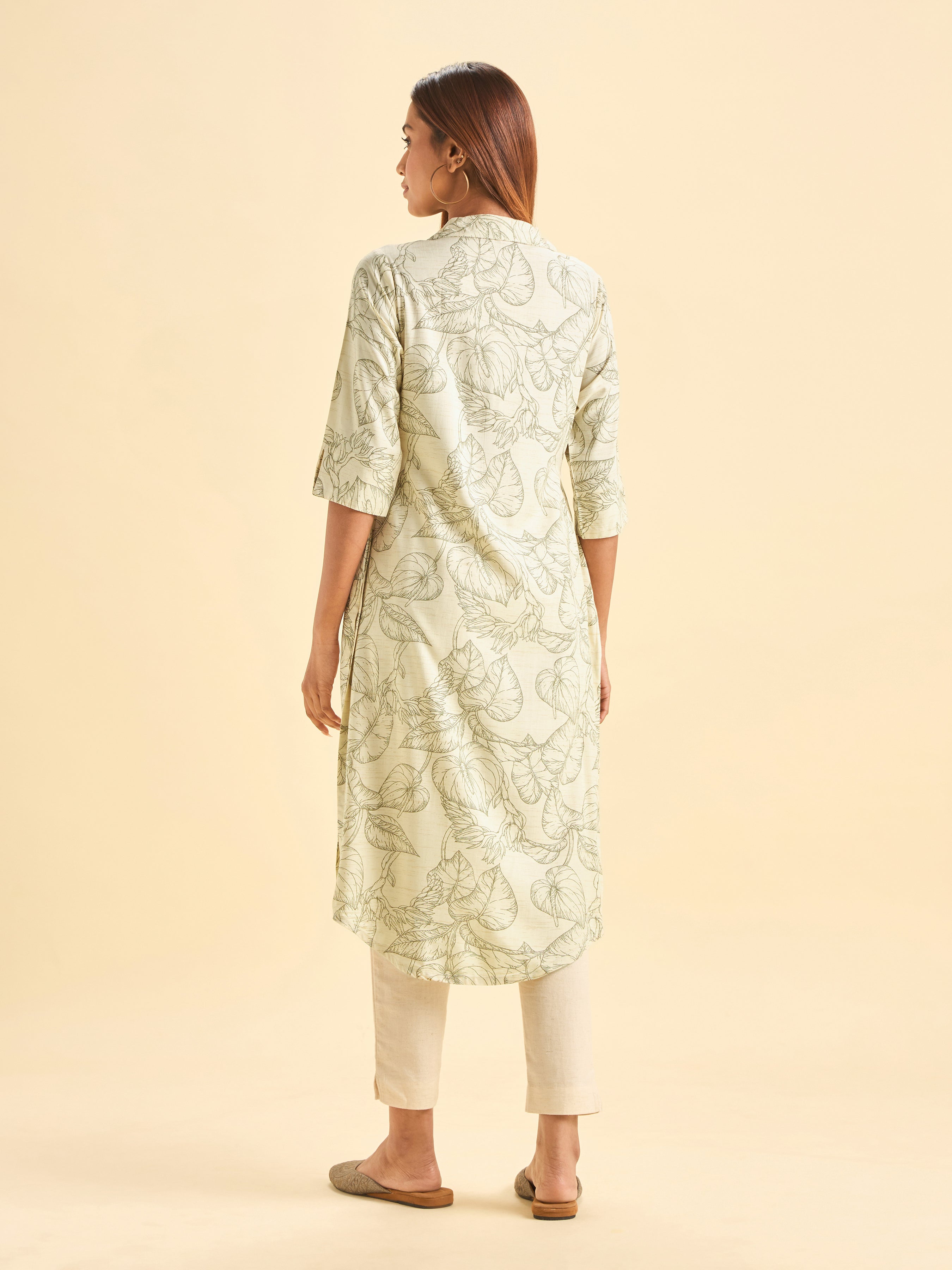 Ivory And Coffee Brown Tencel Printed Slited Kurti With Princess Cut And Libertycut