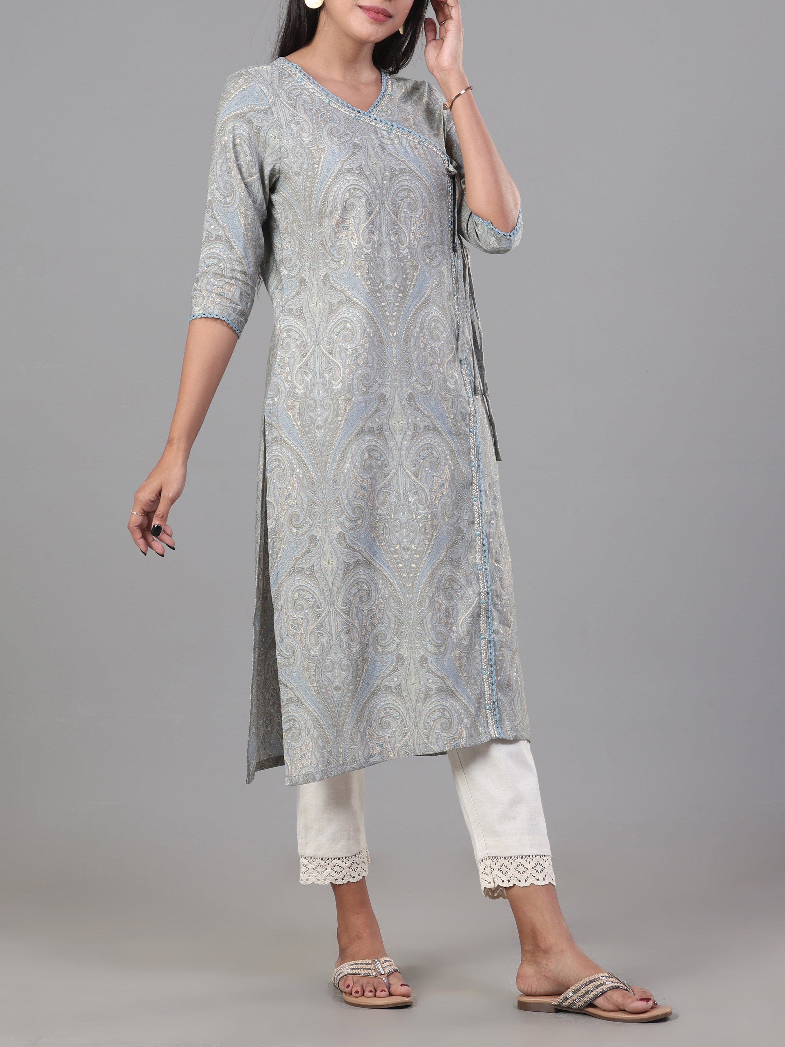 Light Grey Modal Chanderi Printed Kurti With Lace Detailing
