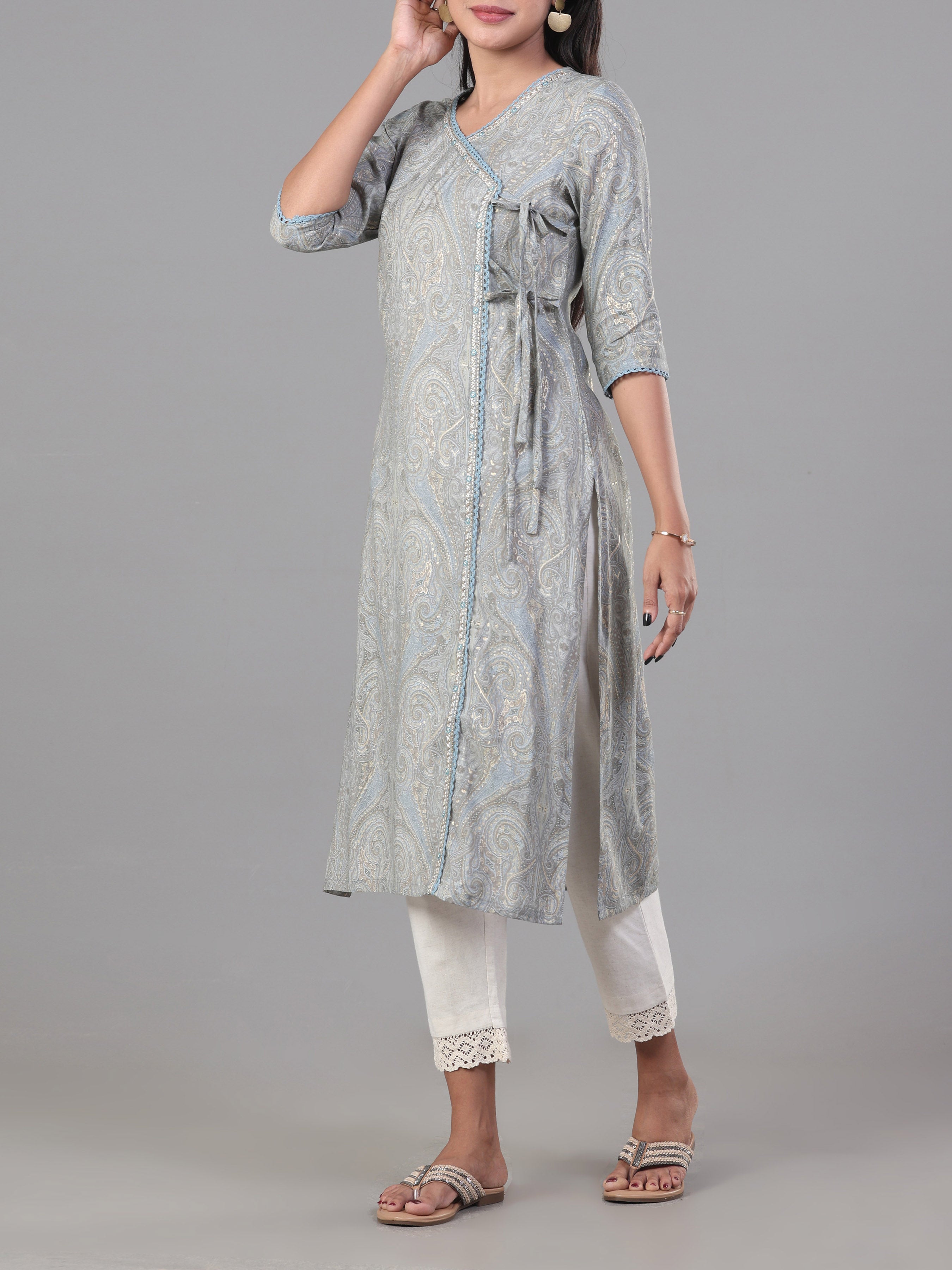 Light Grey Modal Chanderi Printed Kurti With Lace Detailing