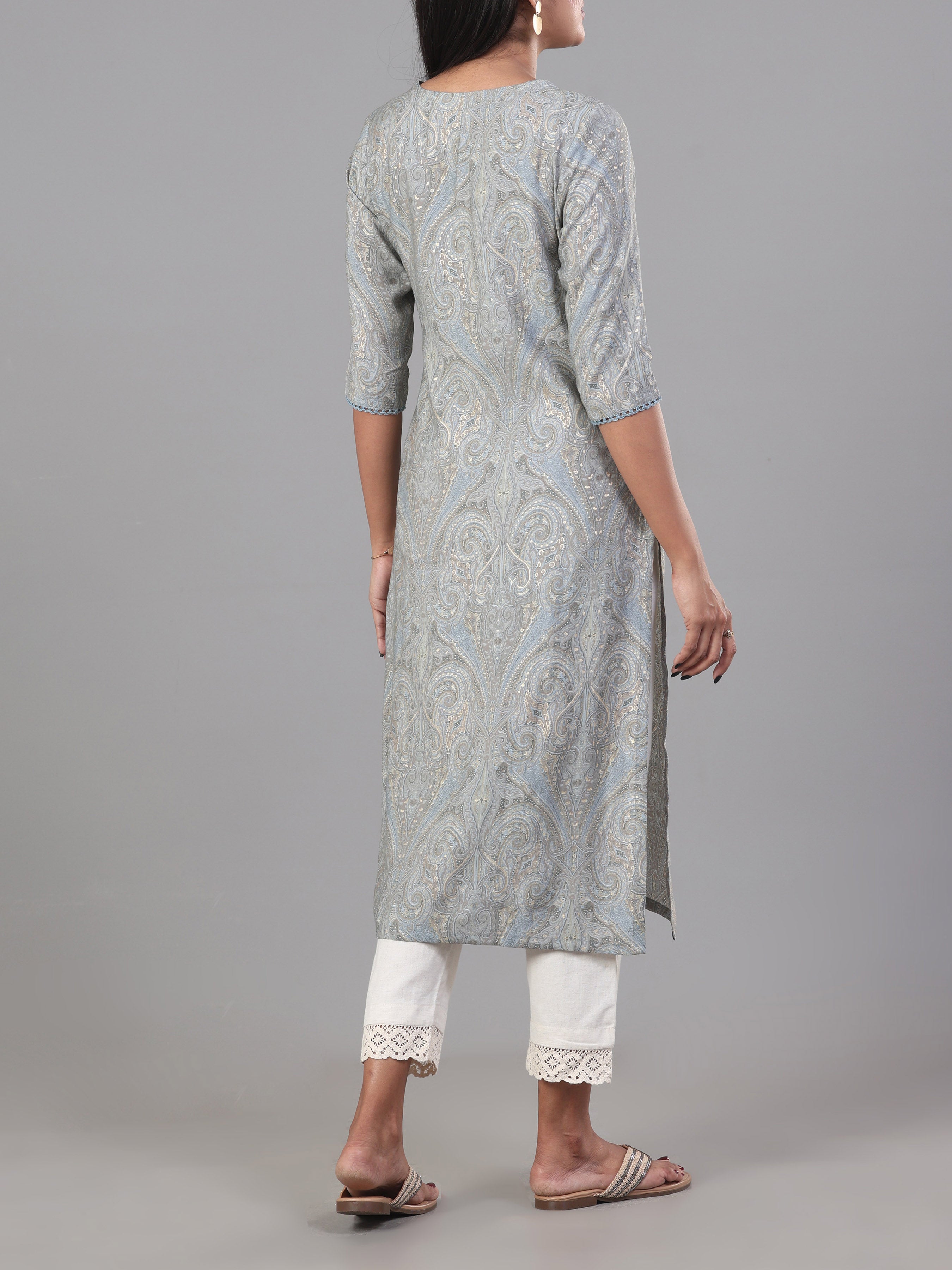 Light Grey Modal Chanderi Printed Kurti With Lace Detailing
