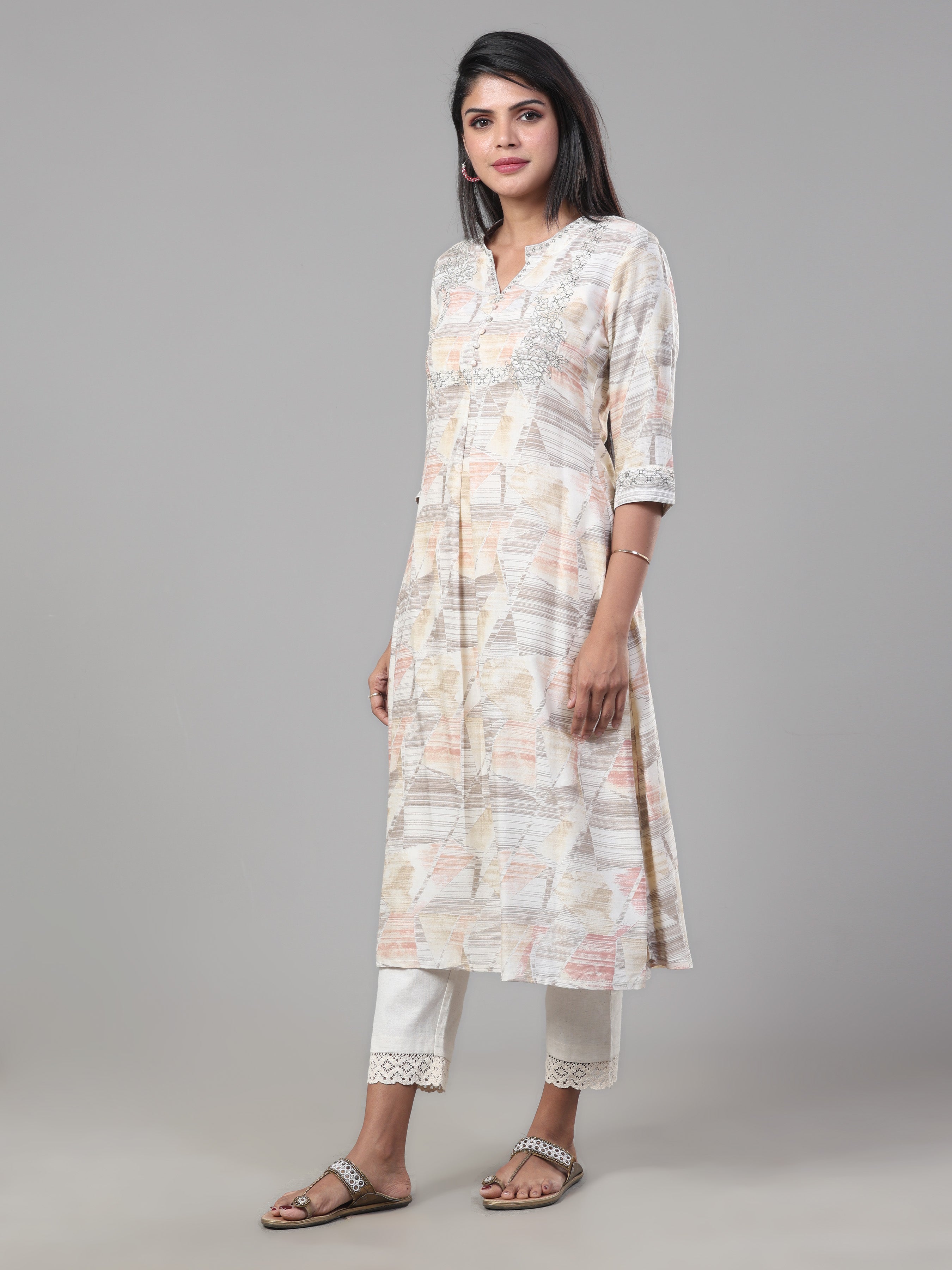 Ivory And Grey Modal Silk Printed Kurti With Embroidery