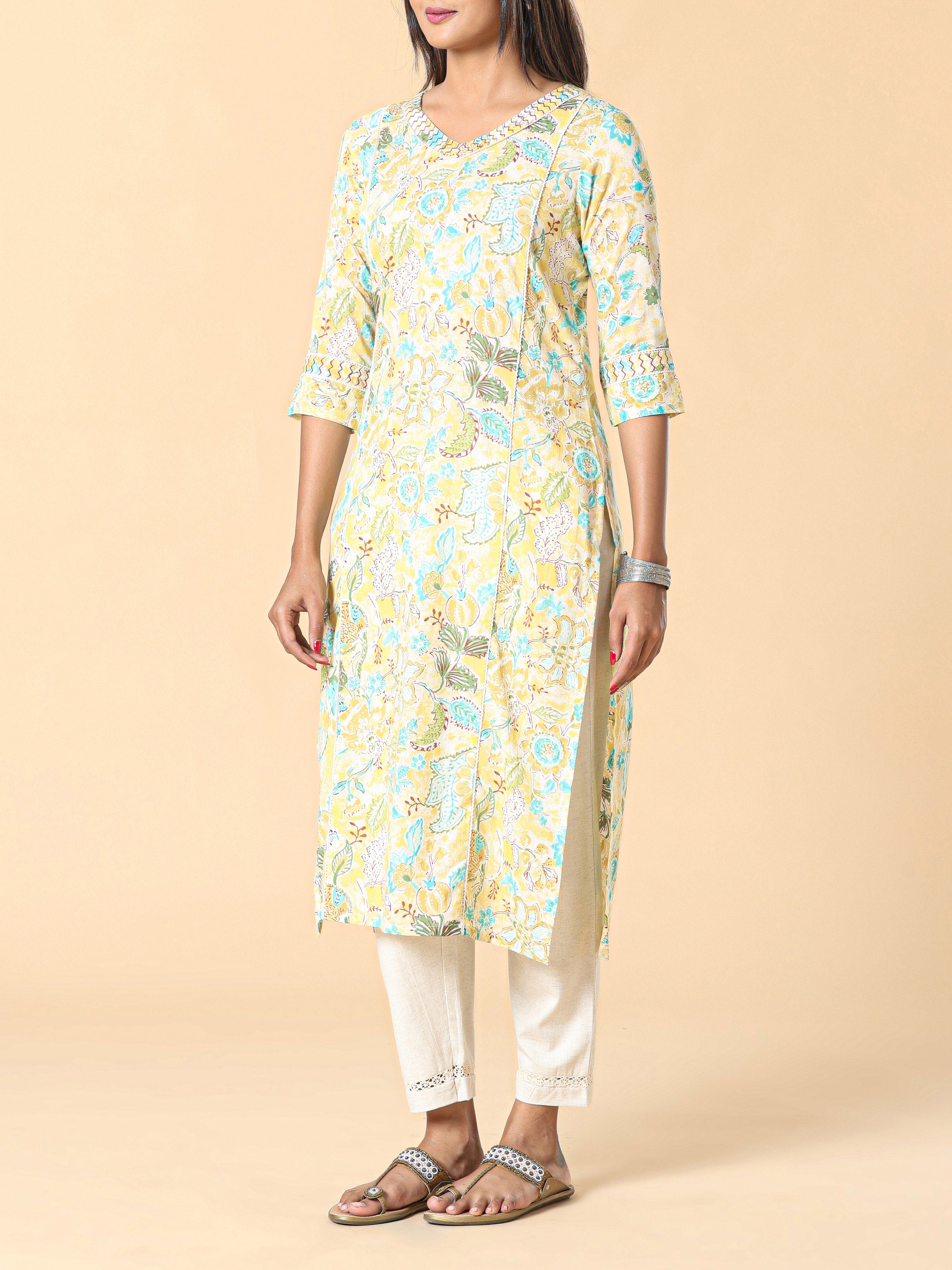 Marigold Yellow Pure Cotton Printed Kurti With Embroidery