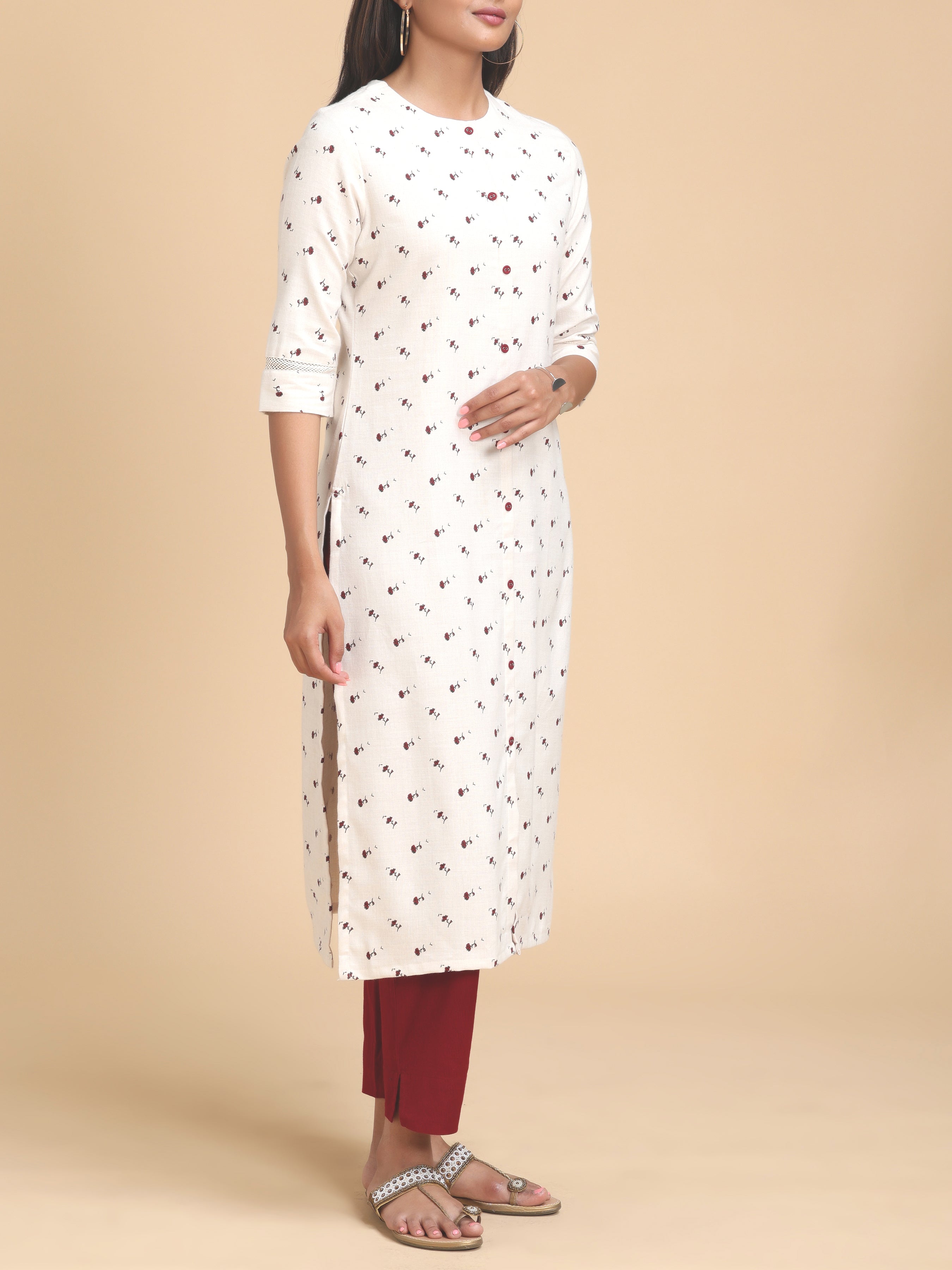 Ivory Double Cotton Kurti With Floral Print
