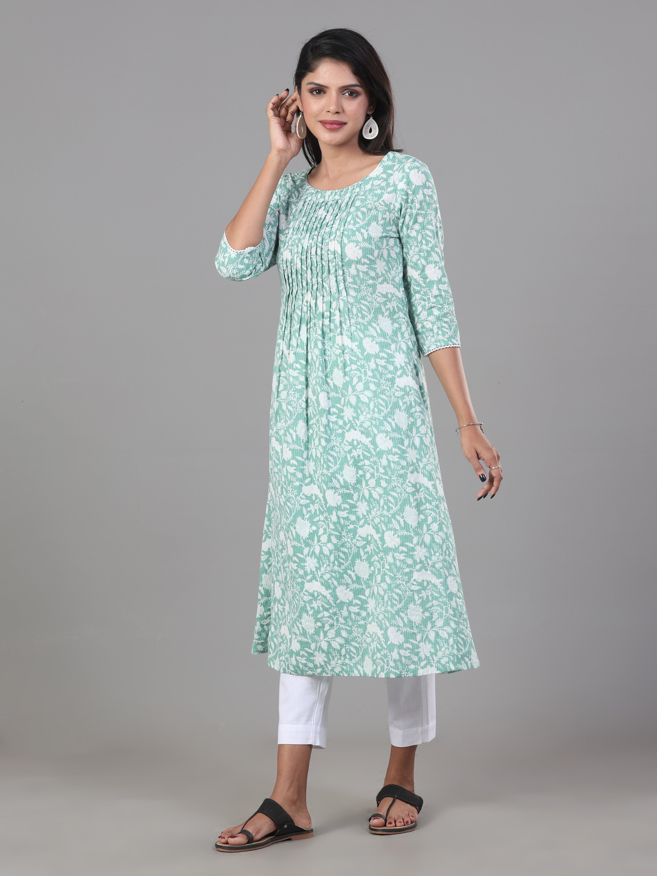 Mint Green Pure Cotton Katha Printed Kurti With Sequins Work