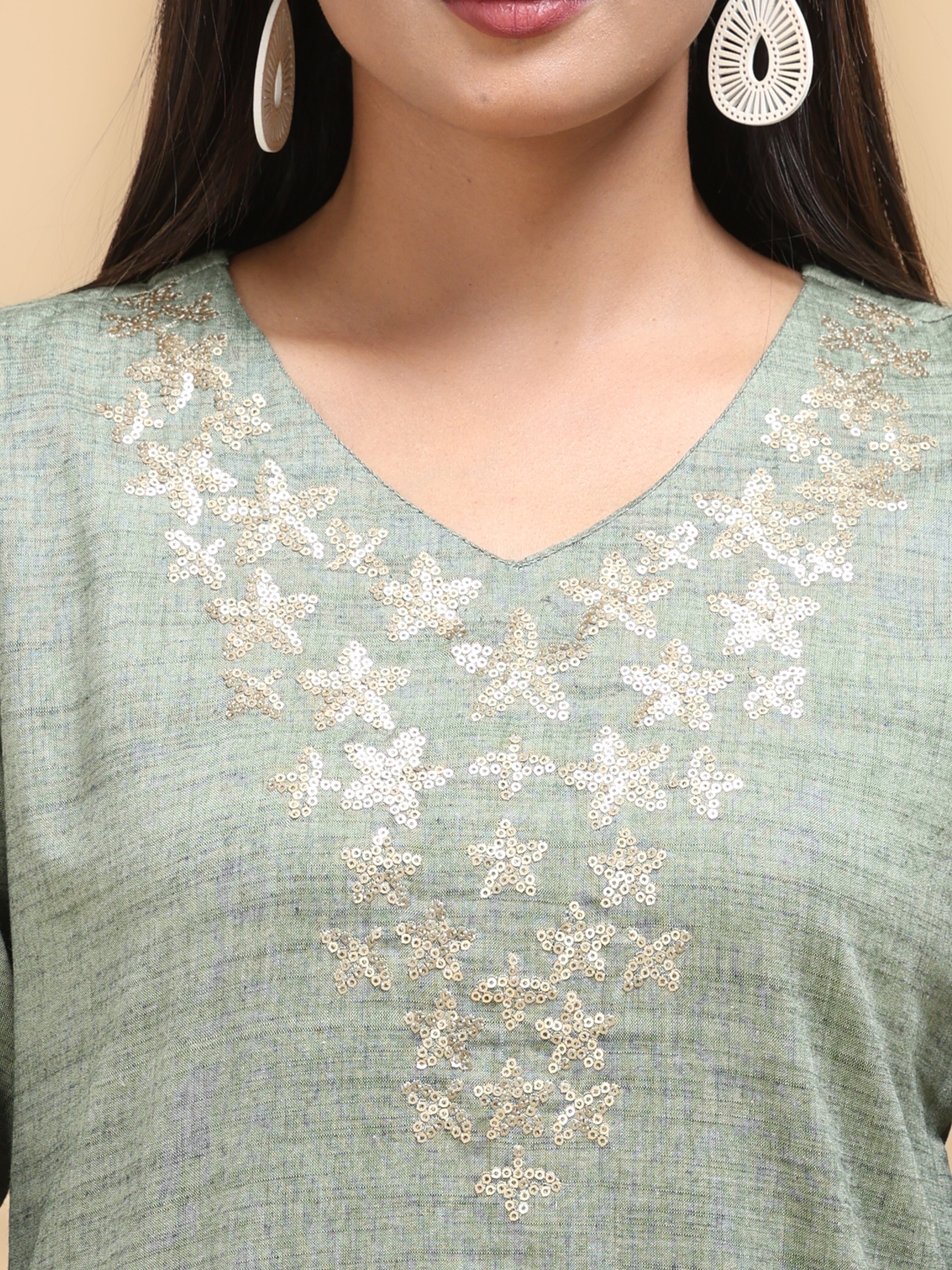 Pastel Green Wrinkled Viscose Kurti With Embroidery