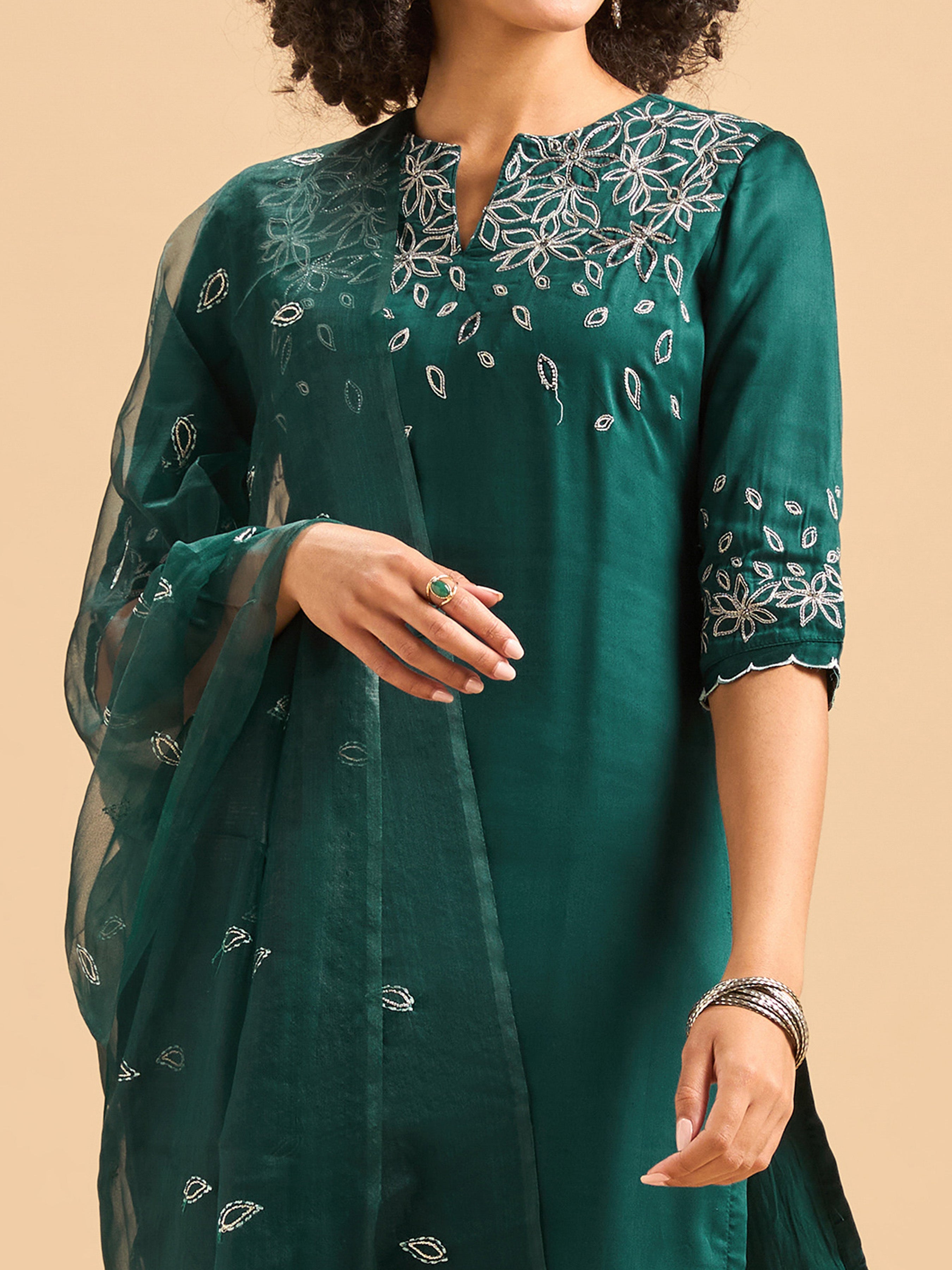 Teal Green Viscose Plain Kurti Set & Dupatta With Hand Work Embroidery