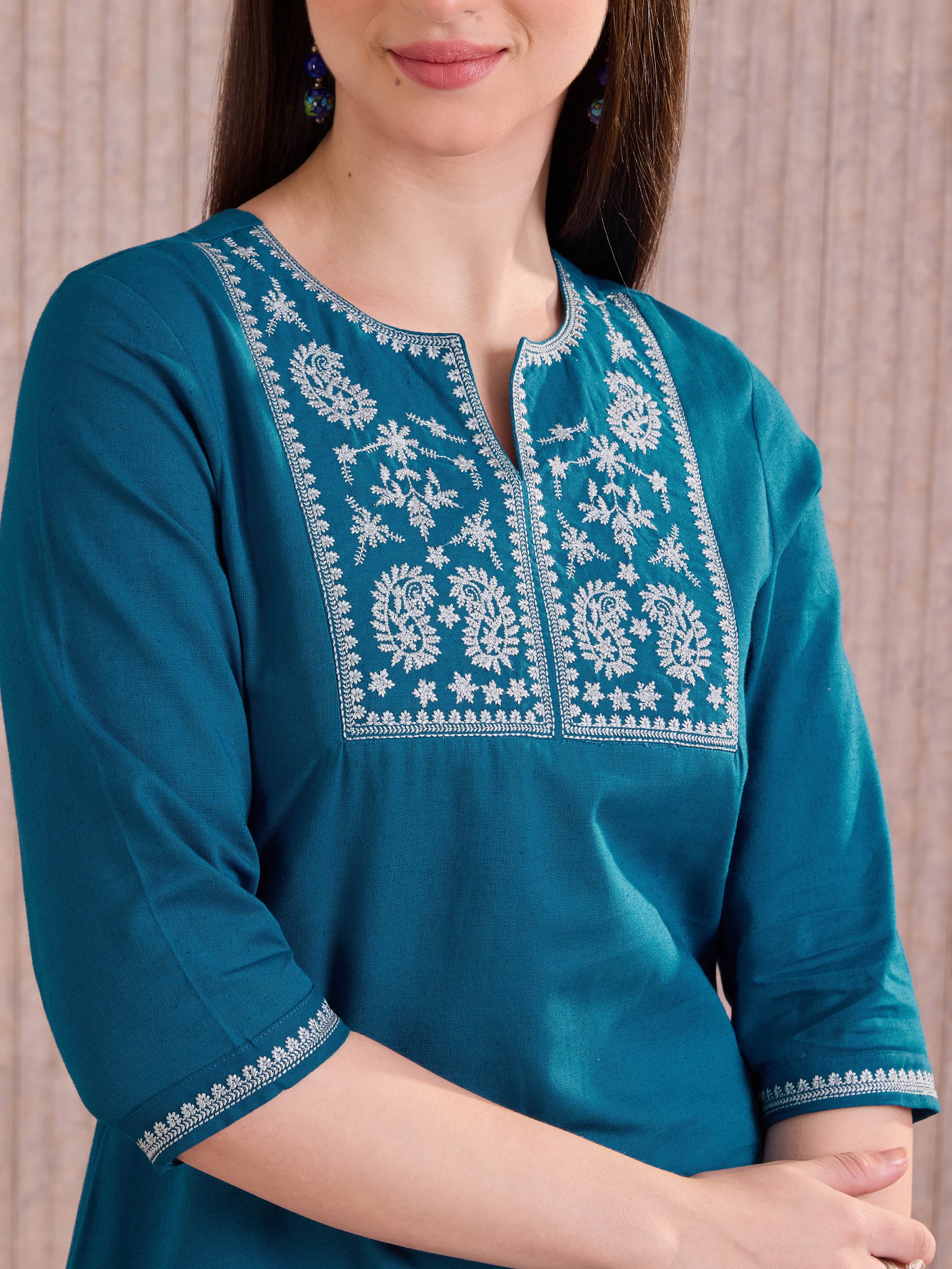 Blue Cotton Flax Kurti With Embroidery