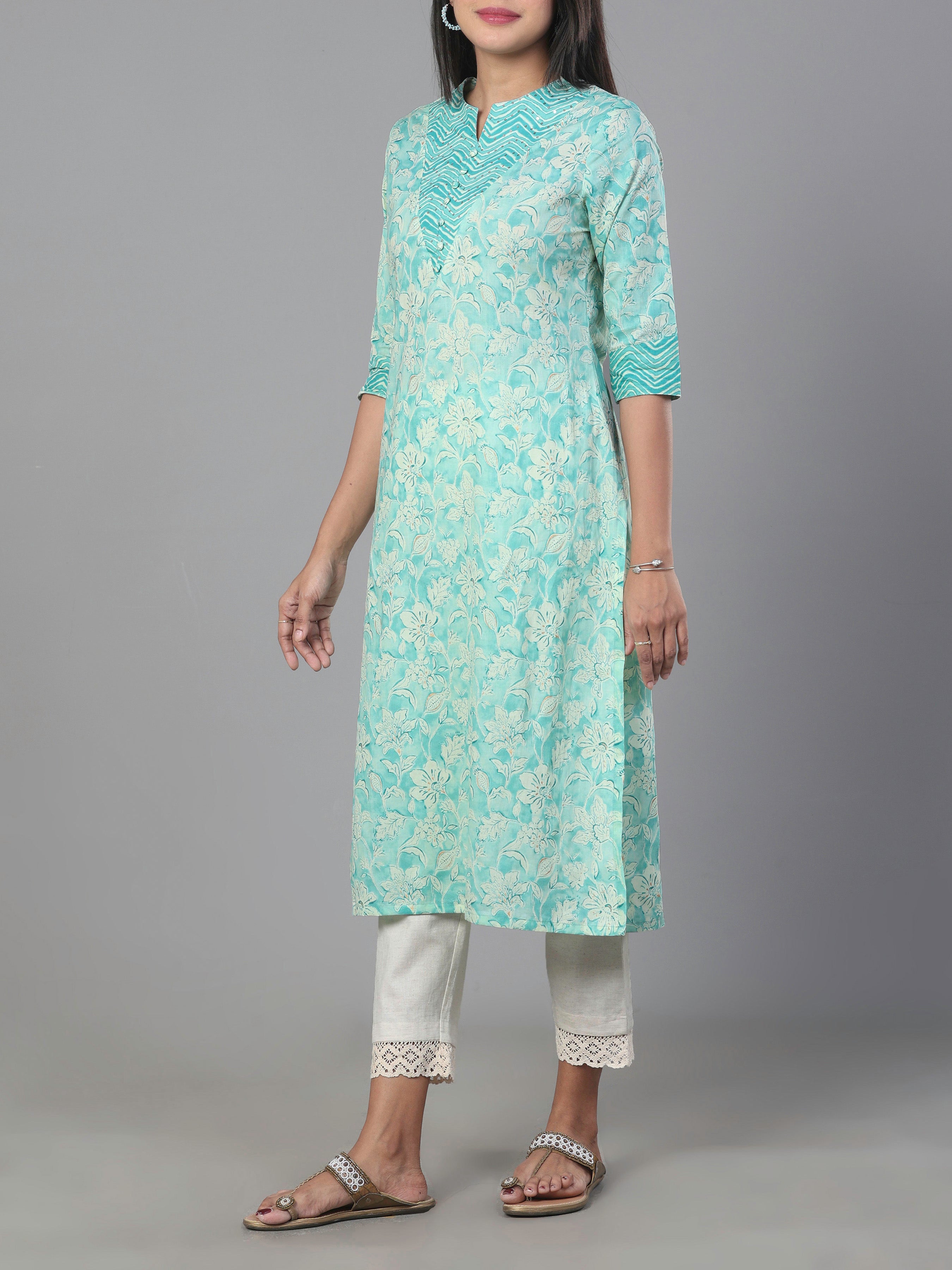 Aqua Blue Pure Cotton Printed Kurti With Embroidery
