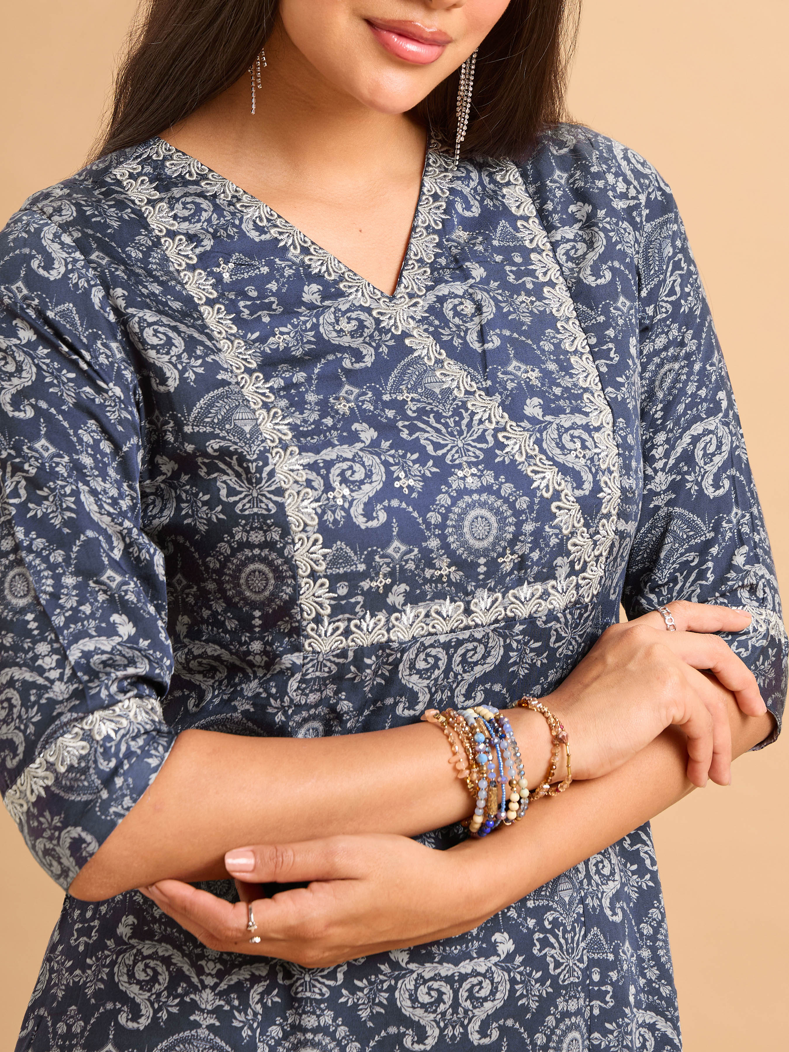 Navy Blue Modal Satin Printed Kurti Set With Embroidery