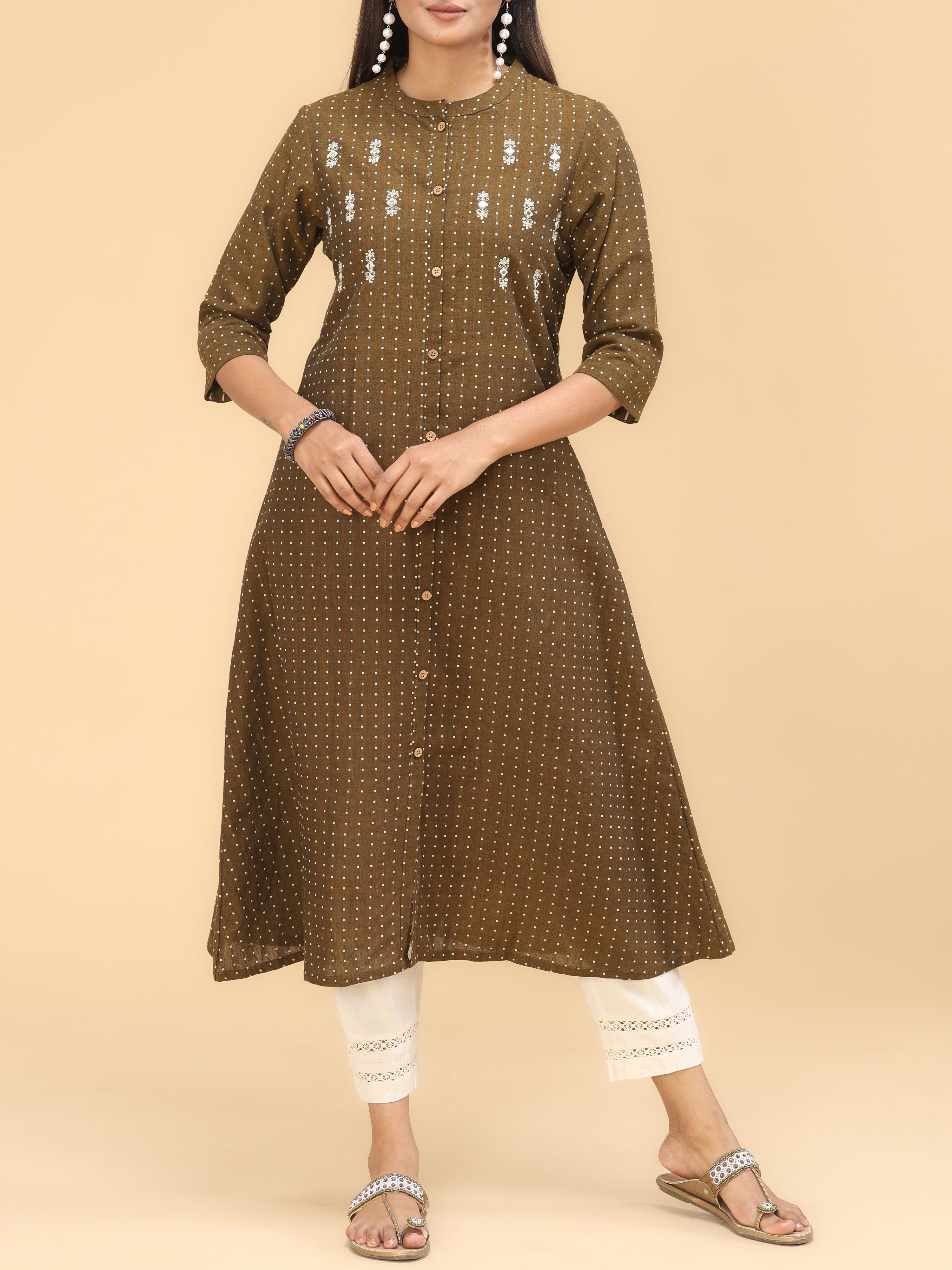 Brown Cotton Dobby Kurti With Embroidery