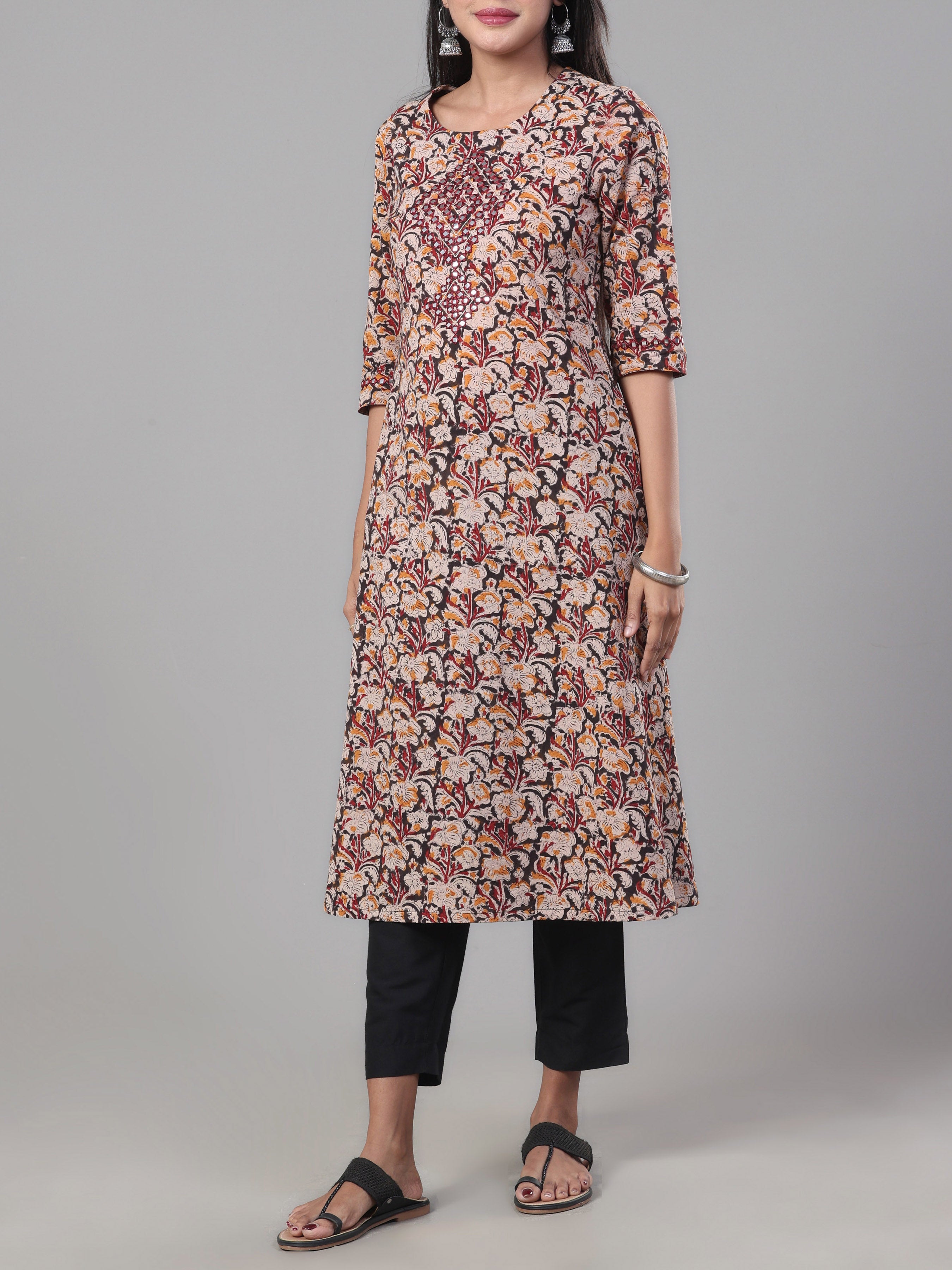 Maroon And Black Pure Cotton Printed Kurti With Mirror Work