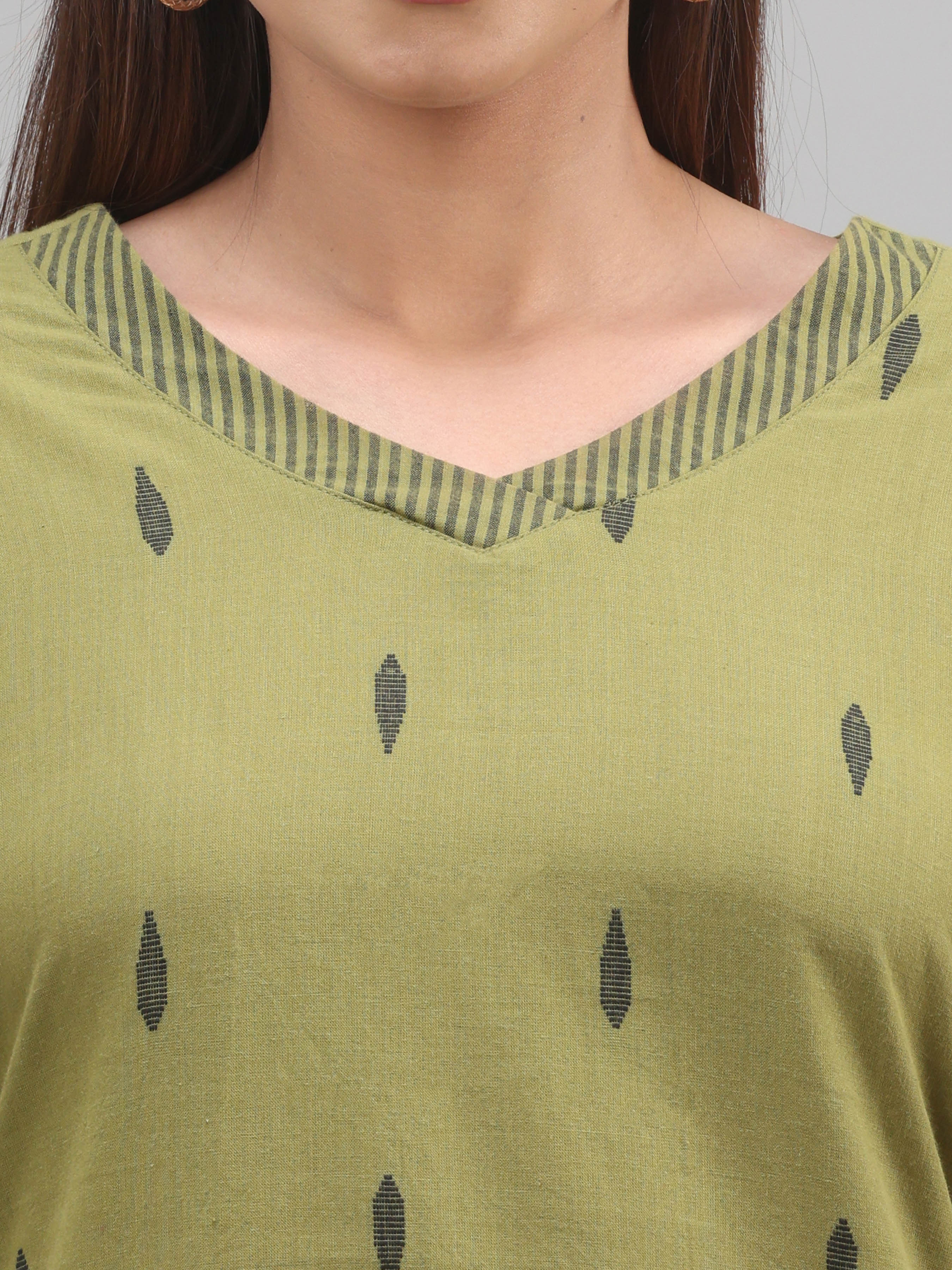 Olive Green Cotton Dobby Kurti With Print
