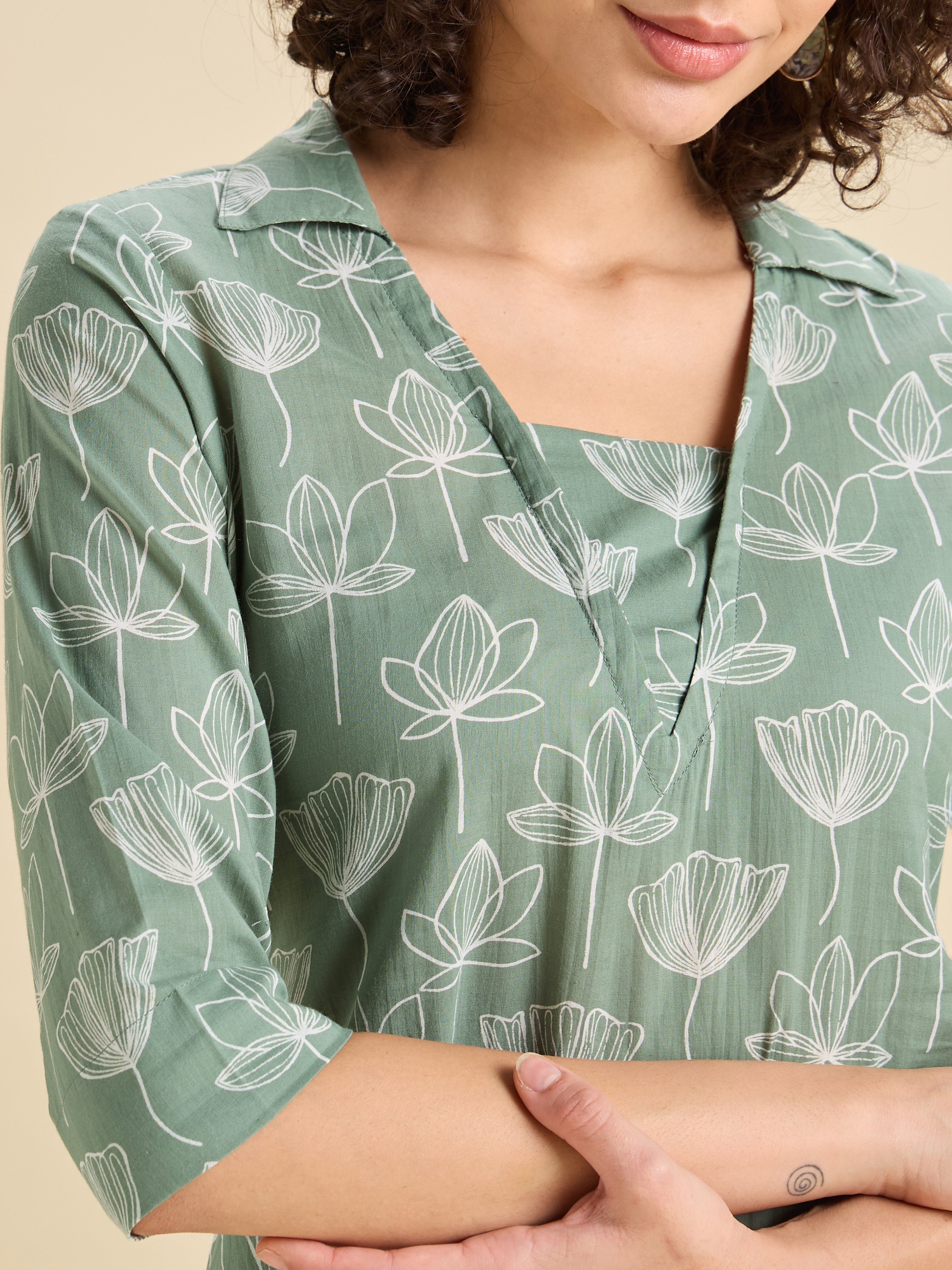 Sage Green Pure Cotton Printed Slited Kurti With Curved Hem