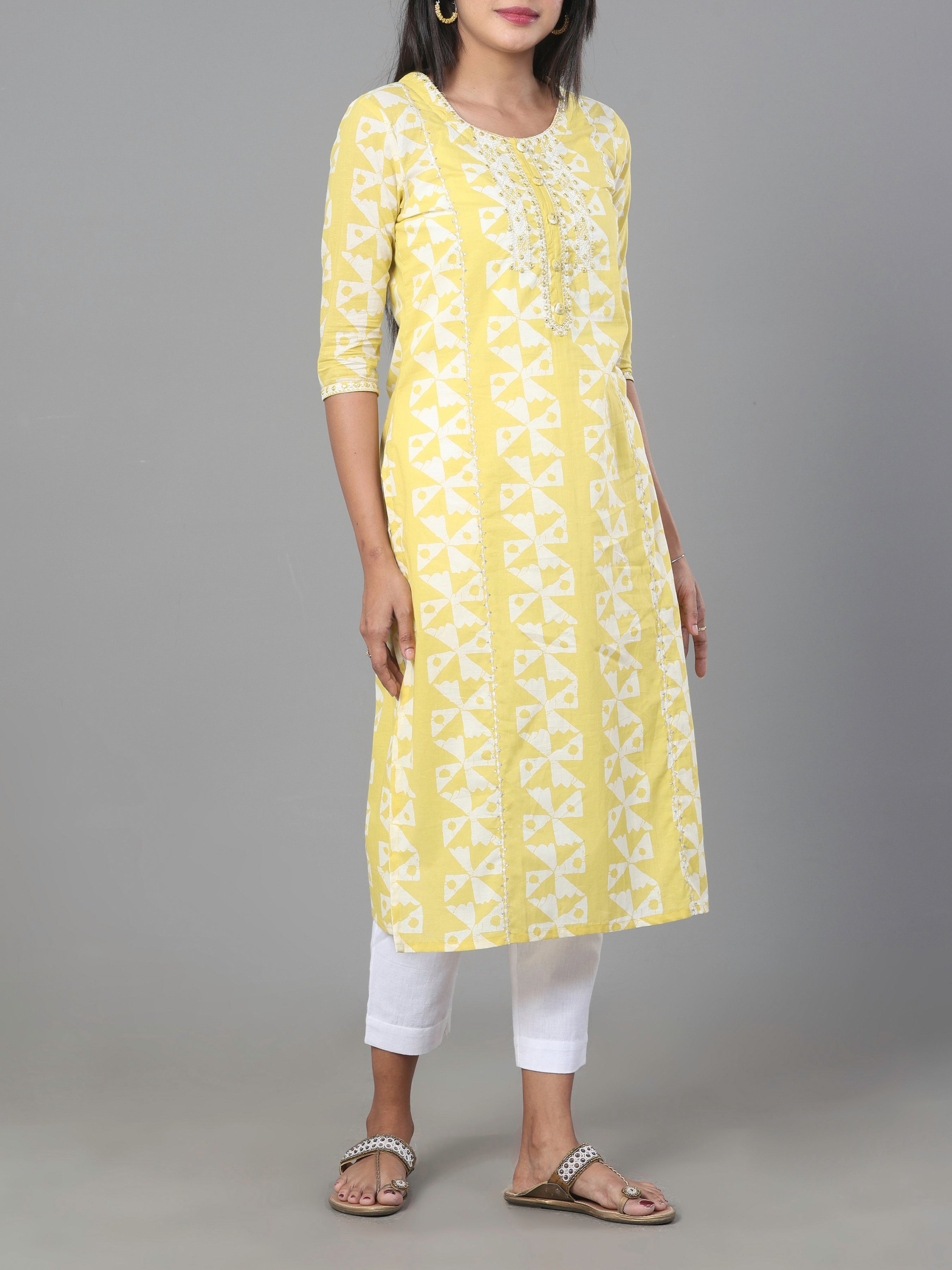 Pale Yellow Pure Cotton Kurti With Embroidery