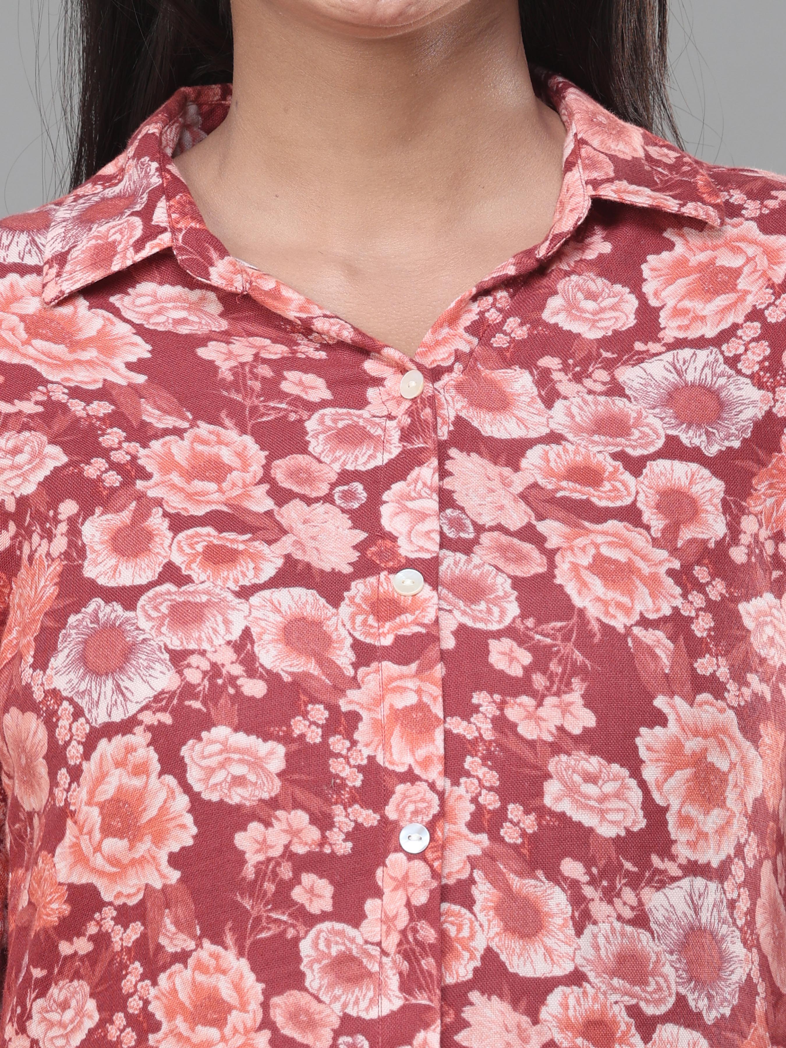 Brick Red Double Cotton Printed Kurti With Center Cut