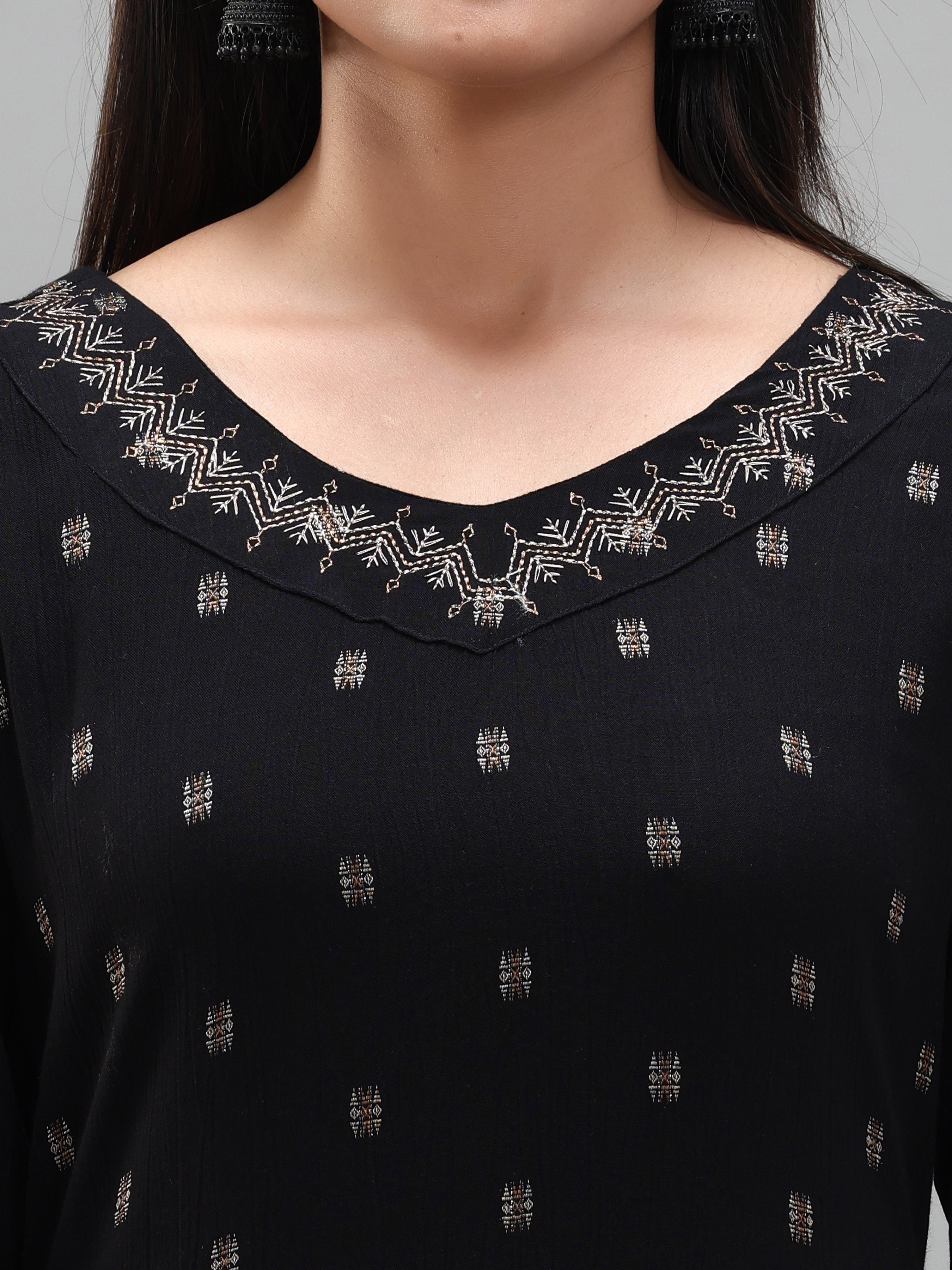 Black Wrinkle Viscose Kurti With Embroidery
