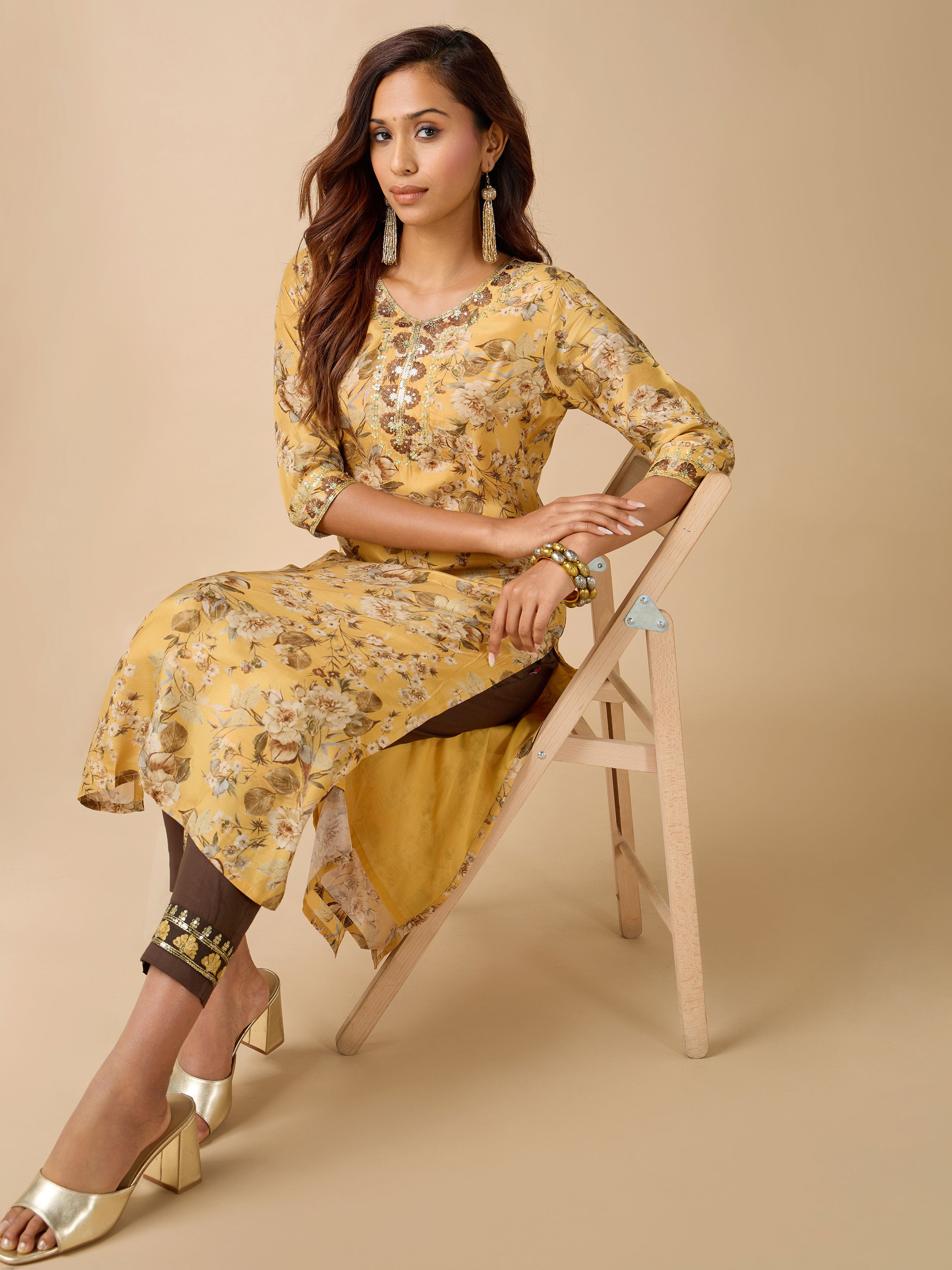Mustard Yellow Muslin Silk Printed Kurti With Embroidery And Matching Bottom