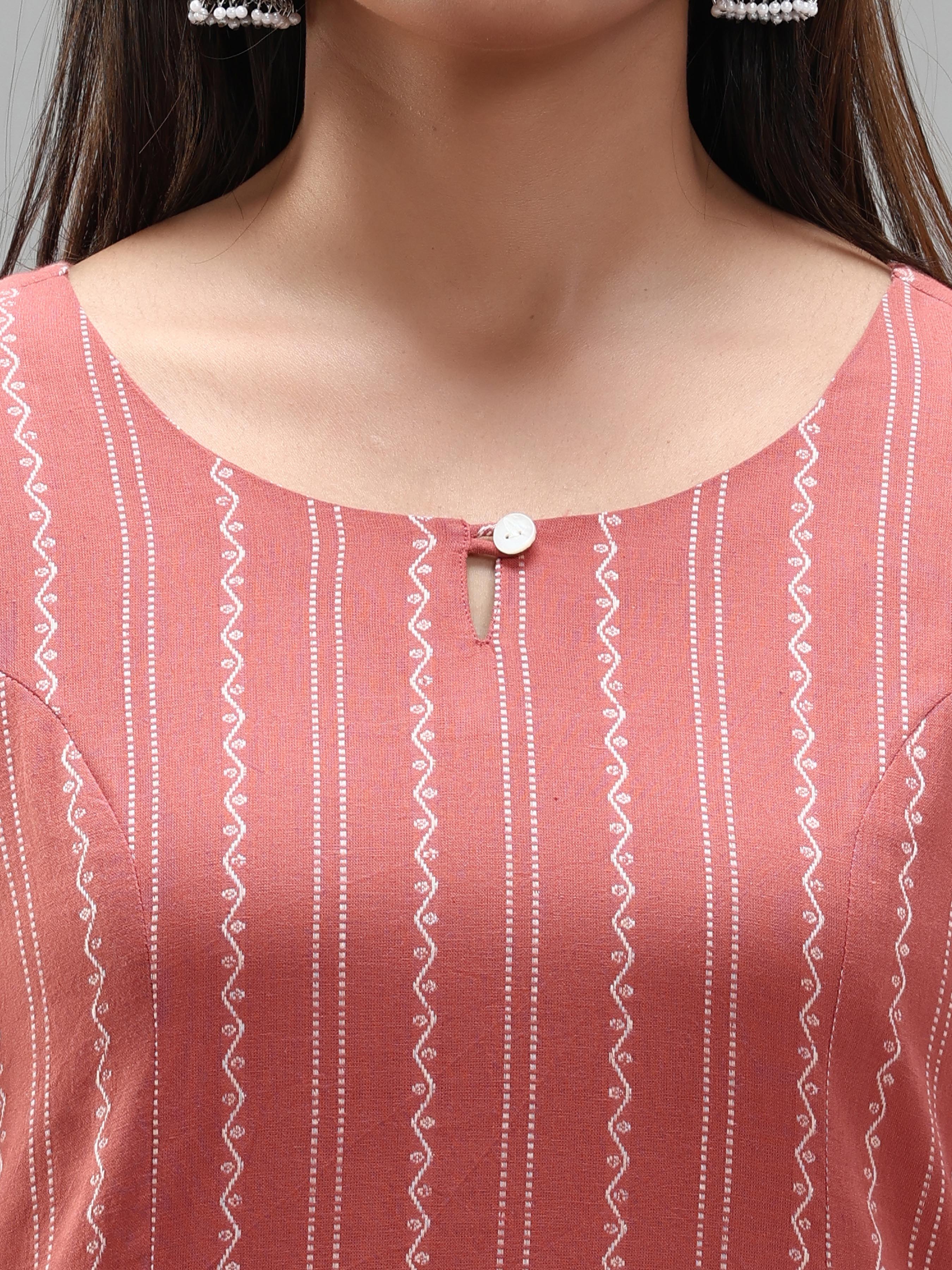 Onion Pink Cotton Dobby Kurti With Embroidery