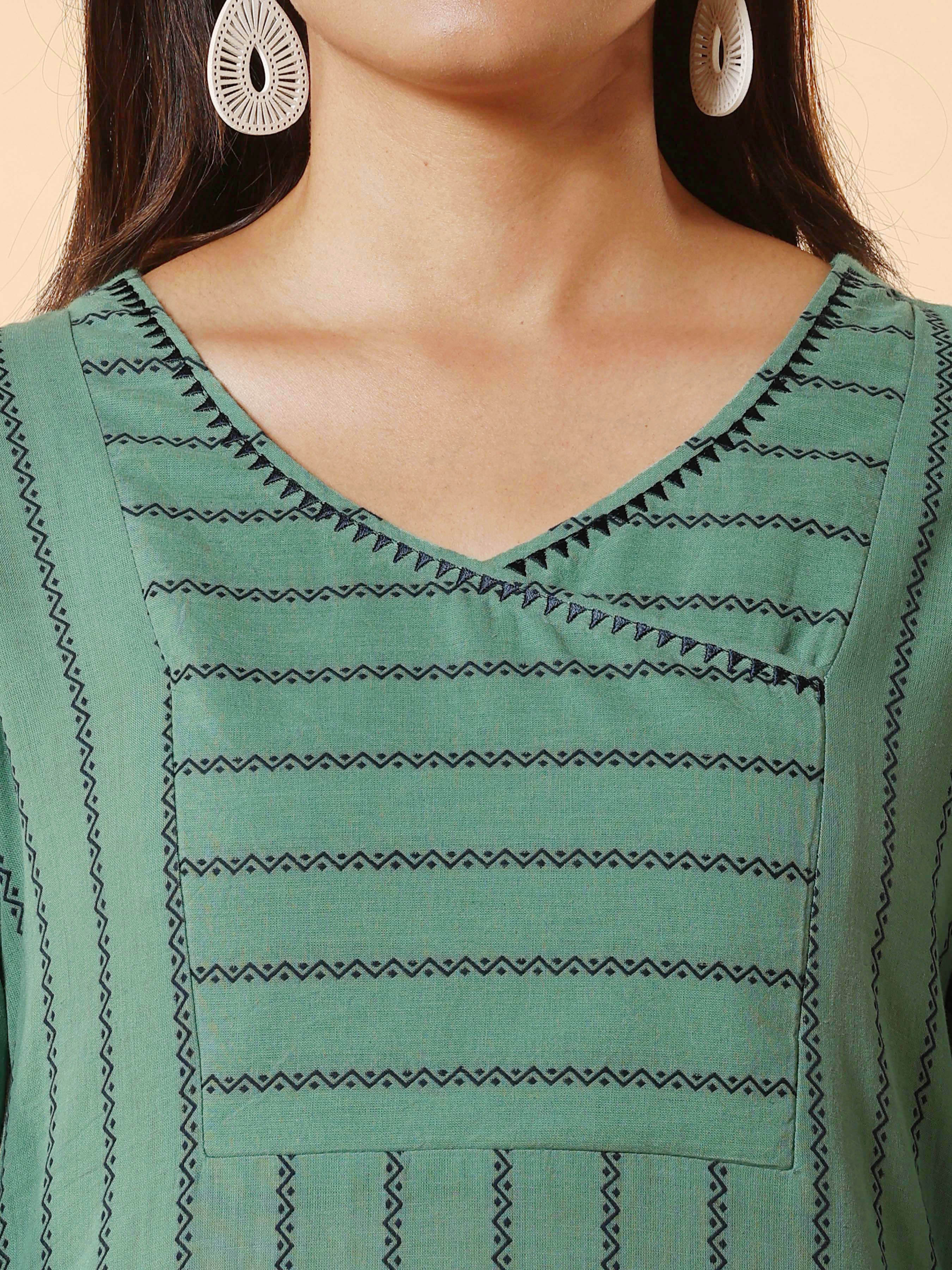 Mint Green Cotton Dobby Kurti With Embroidery