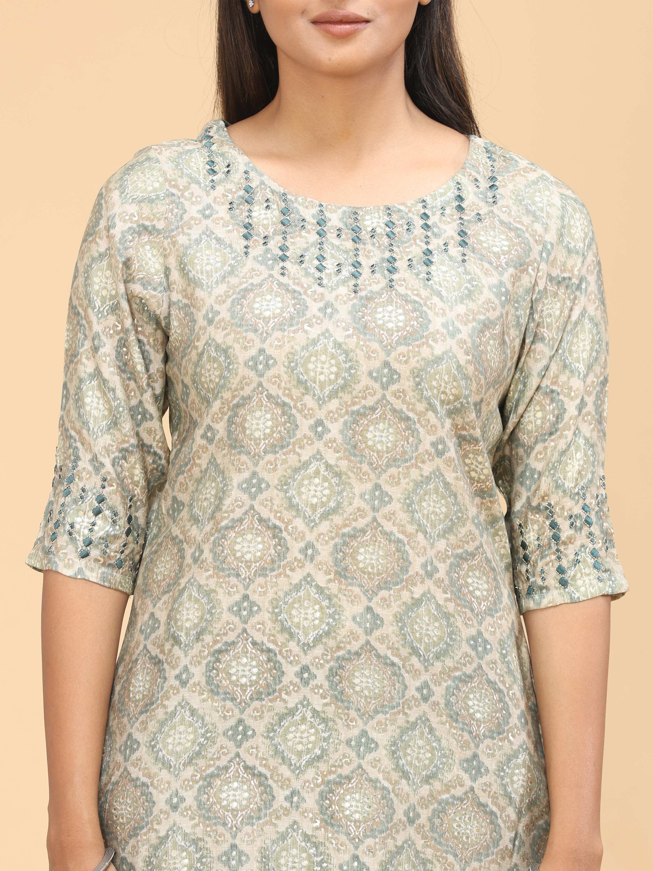 Multi Colour Modal Chanderi Printed Kurti With Embroidery