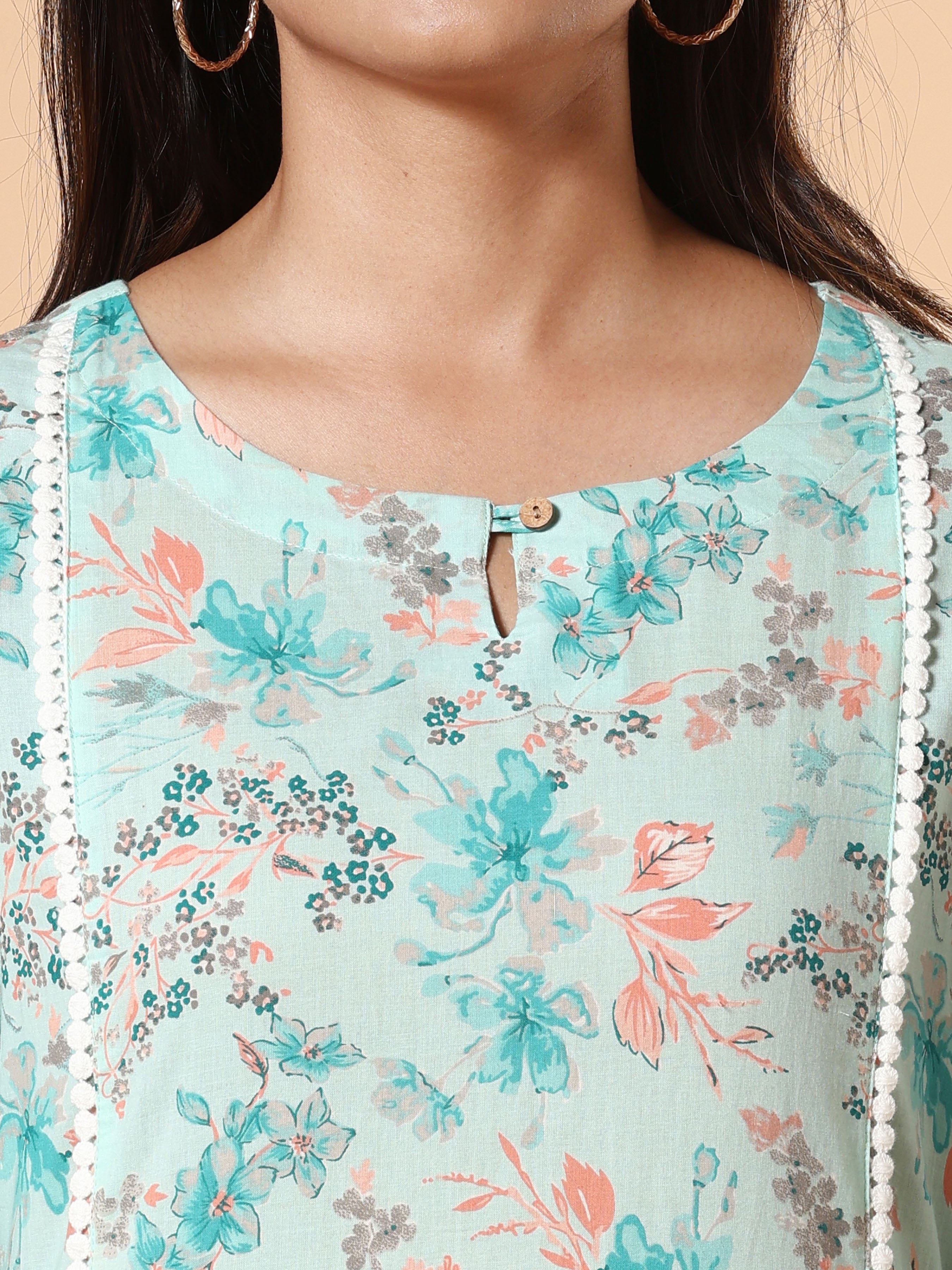 Aqua Blue Pure Cotton Printed Kurti With Lace Detailing