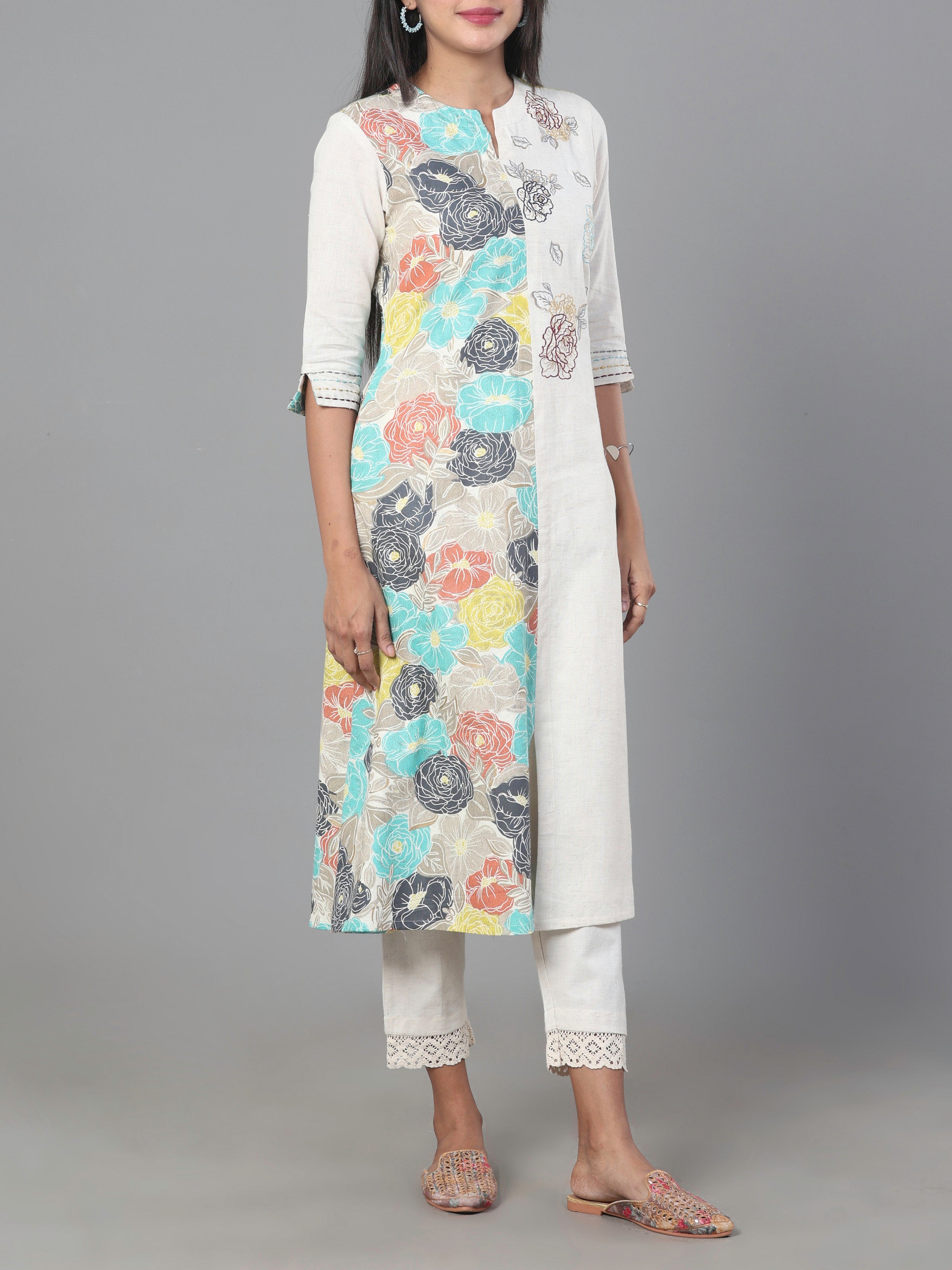 Multi Color Cotton Flax Printed Kurti With Embroidery