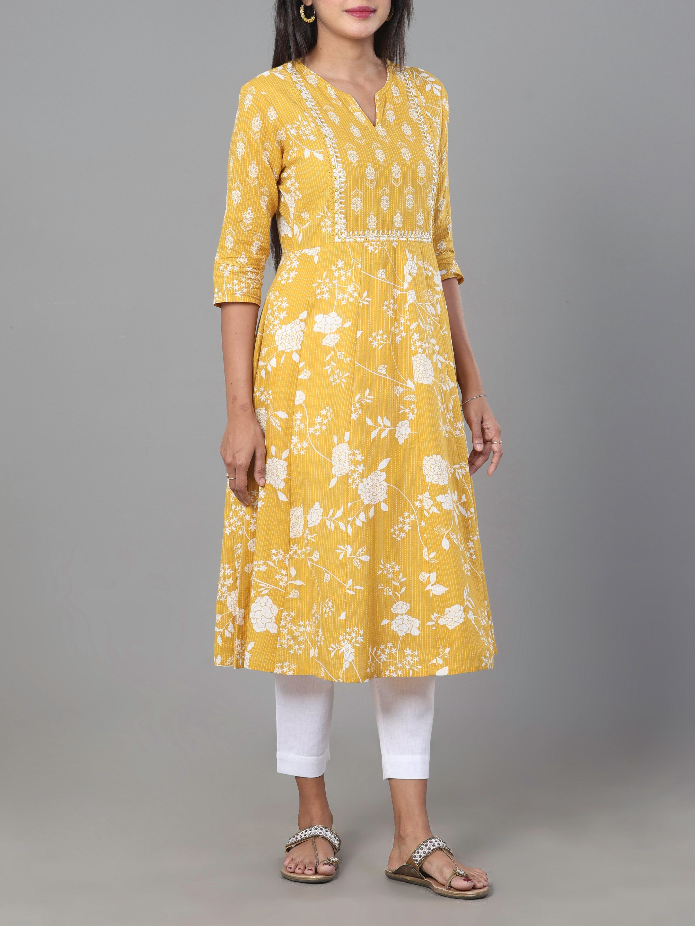 Mustard Yellow Pure Cotton Kurti With Embroidery