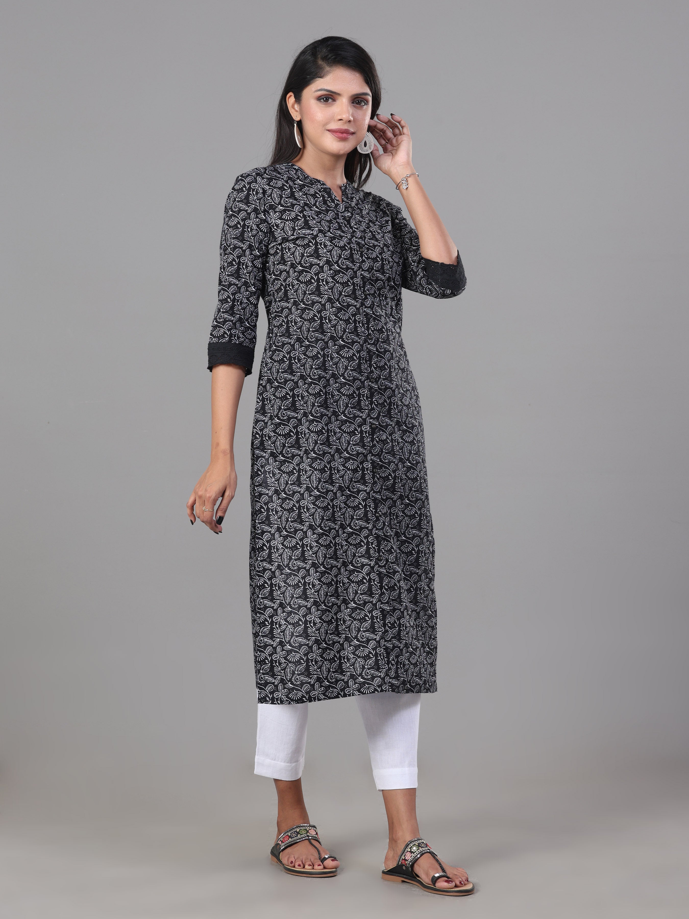 Black And White Pure Cotton Printed Kurti With Lace Detailing