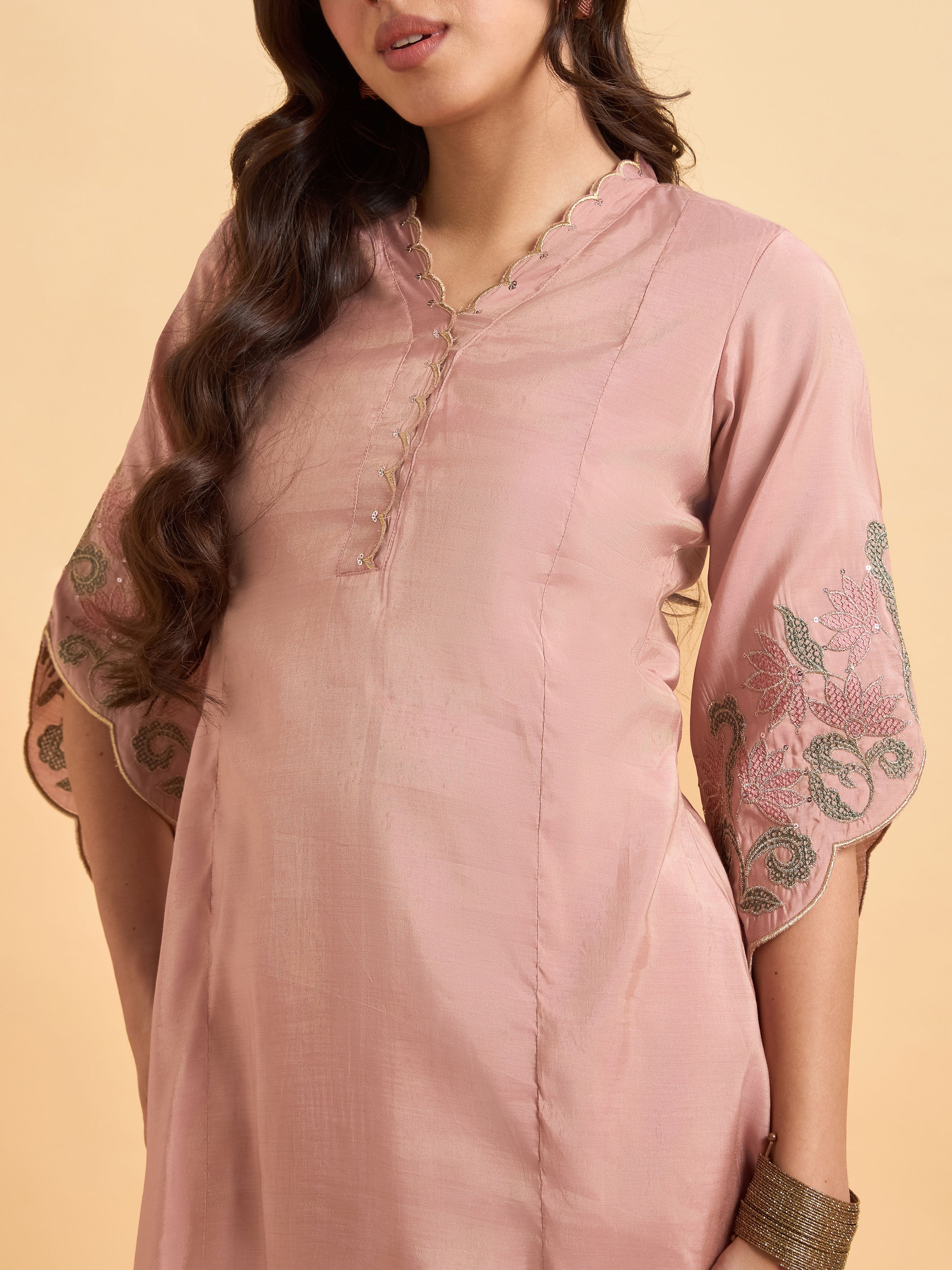Blush Pink Viscose Shimmer Plain Kurti Set With Sequins Embroidery