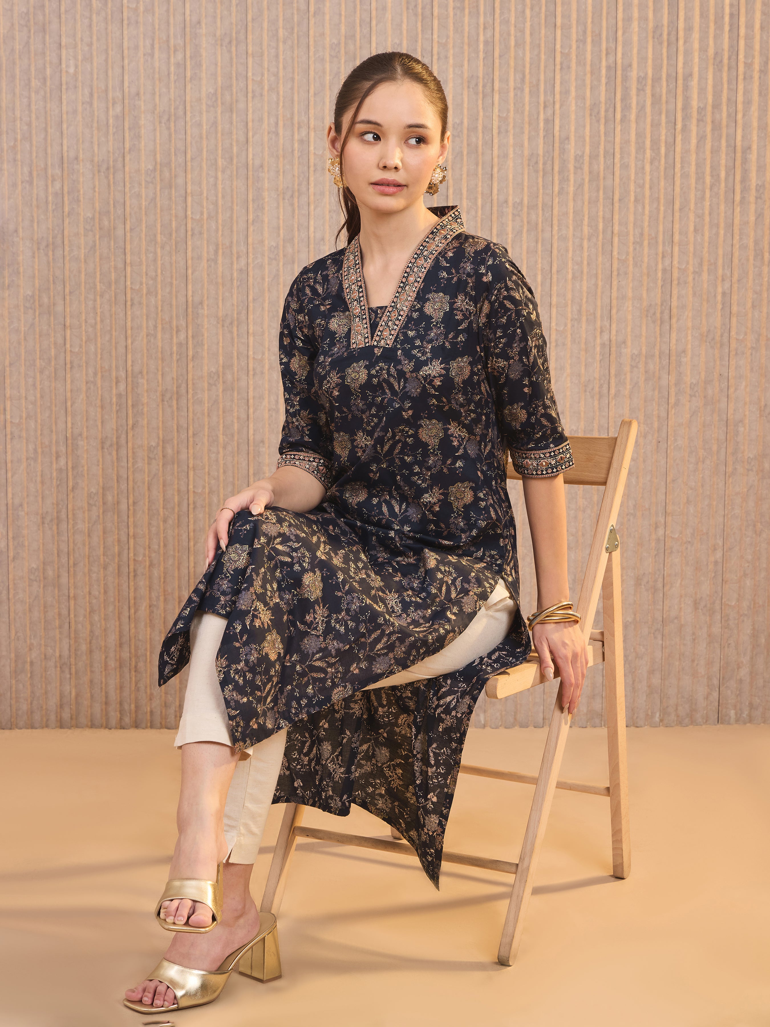 Navy Blue Pure Cotton Foil Printed Kurti With Mirror Work