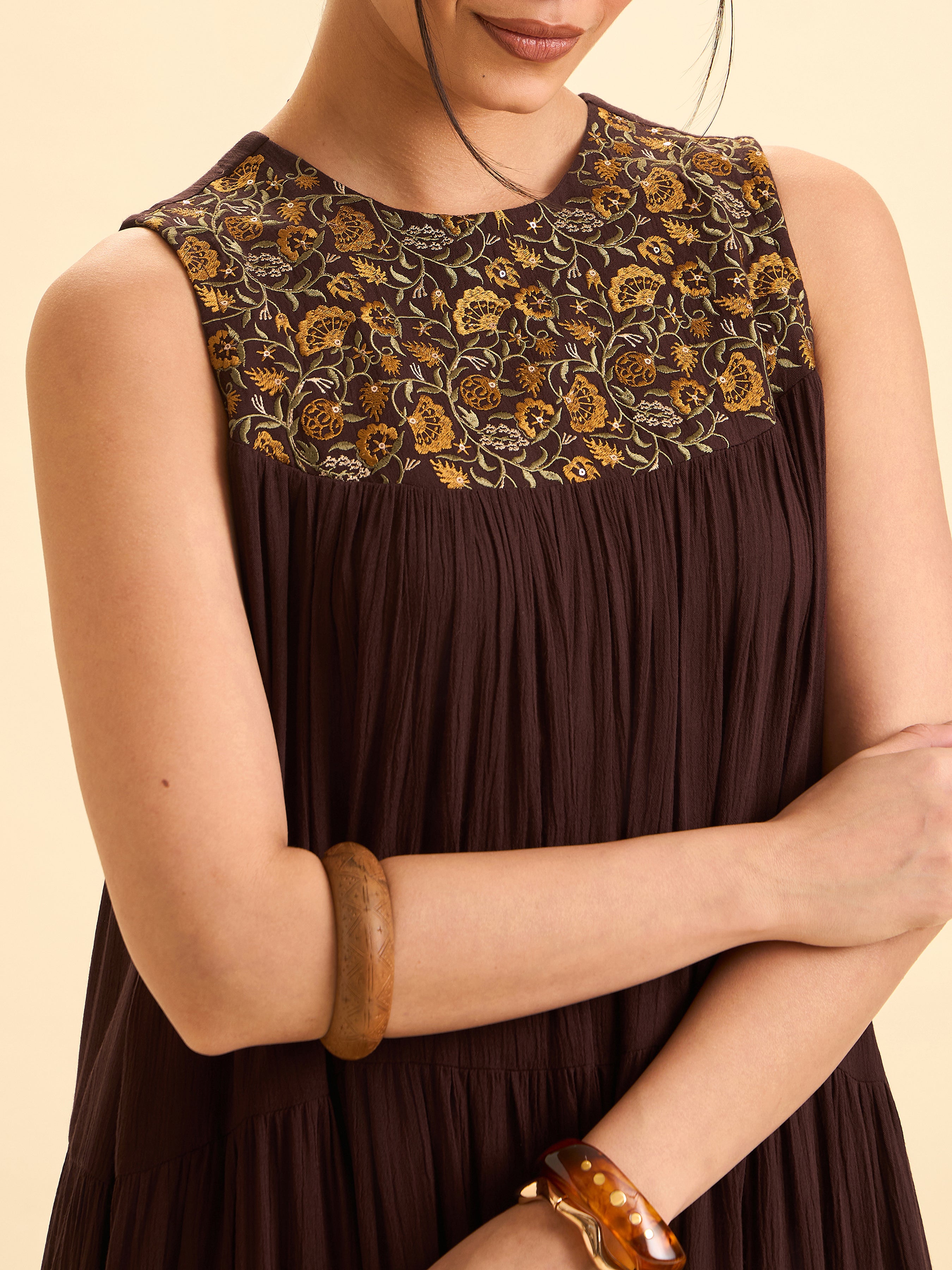 Coffee Brown Wrinkle Viscose Plain Flared Tiered Cut Kurti With Sequins Embroidery