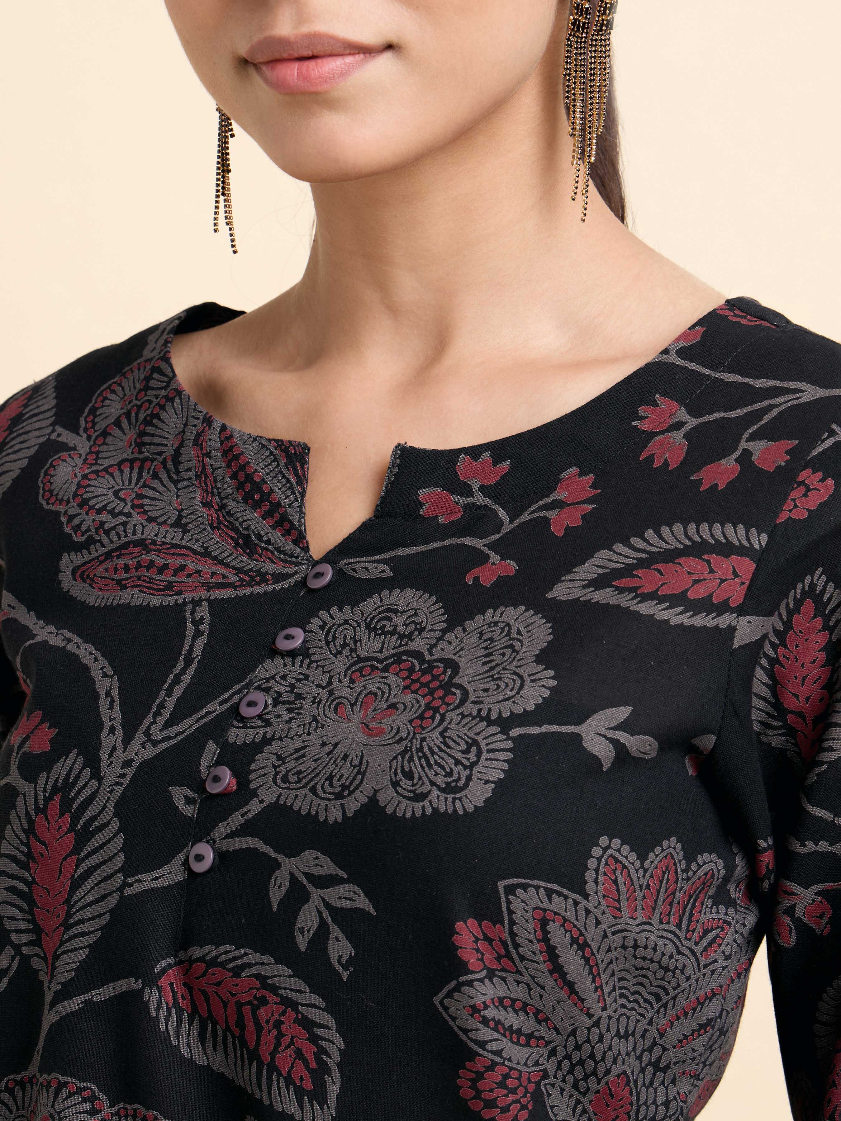 Black Multicolour Cotton Flax Printed Slitted Kurti With Lace