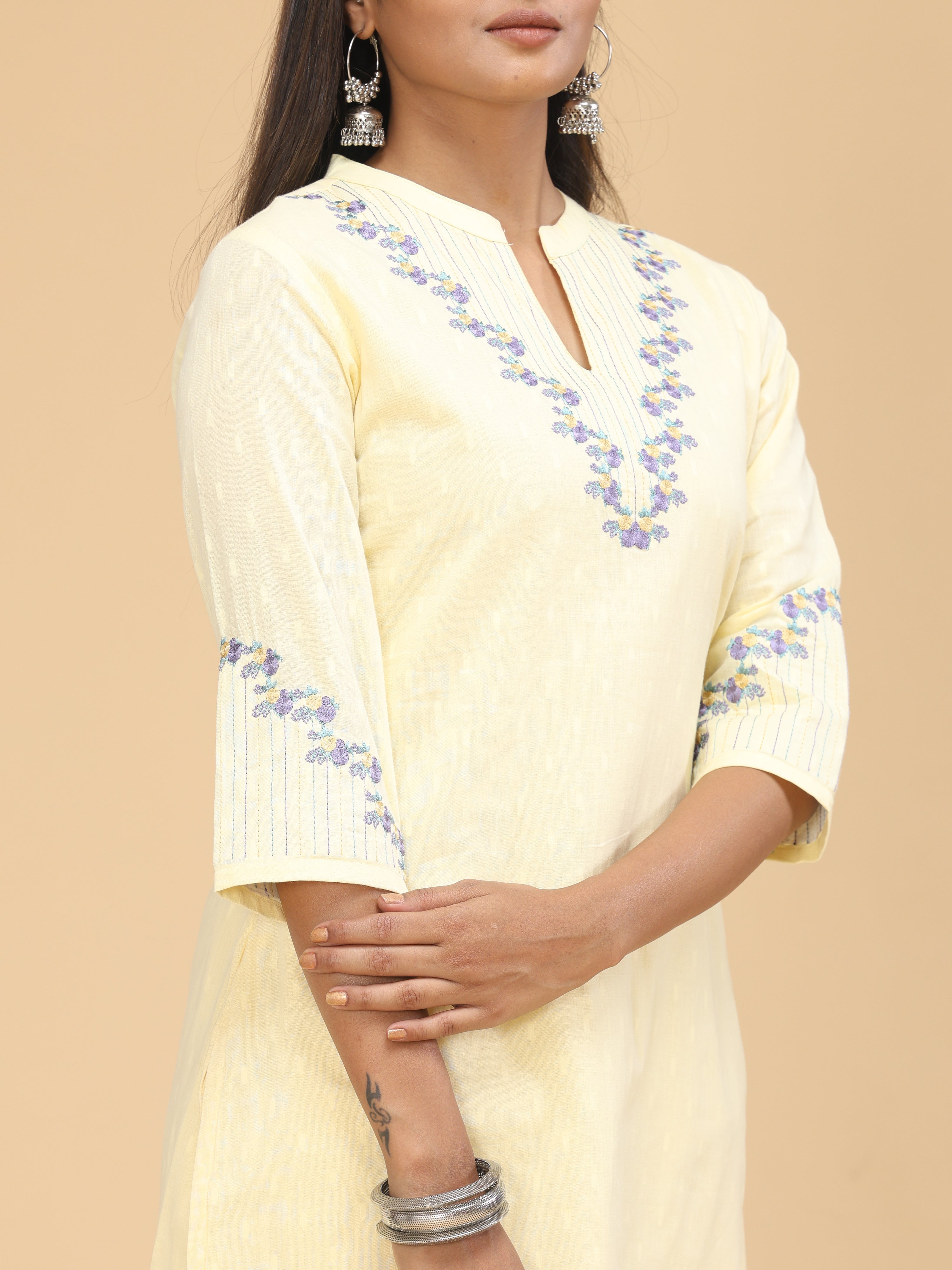 Pale Yellow Cotton Plain Kurti With Embroidery